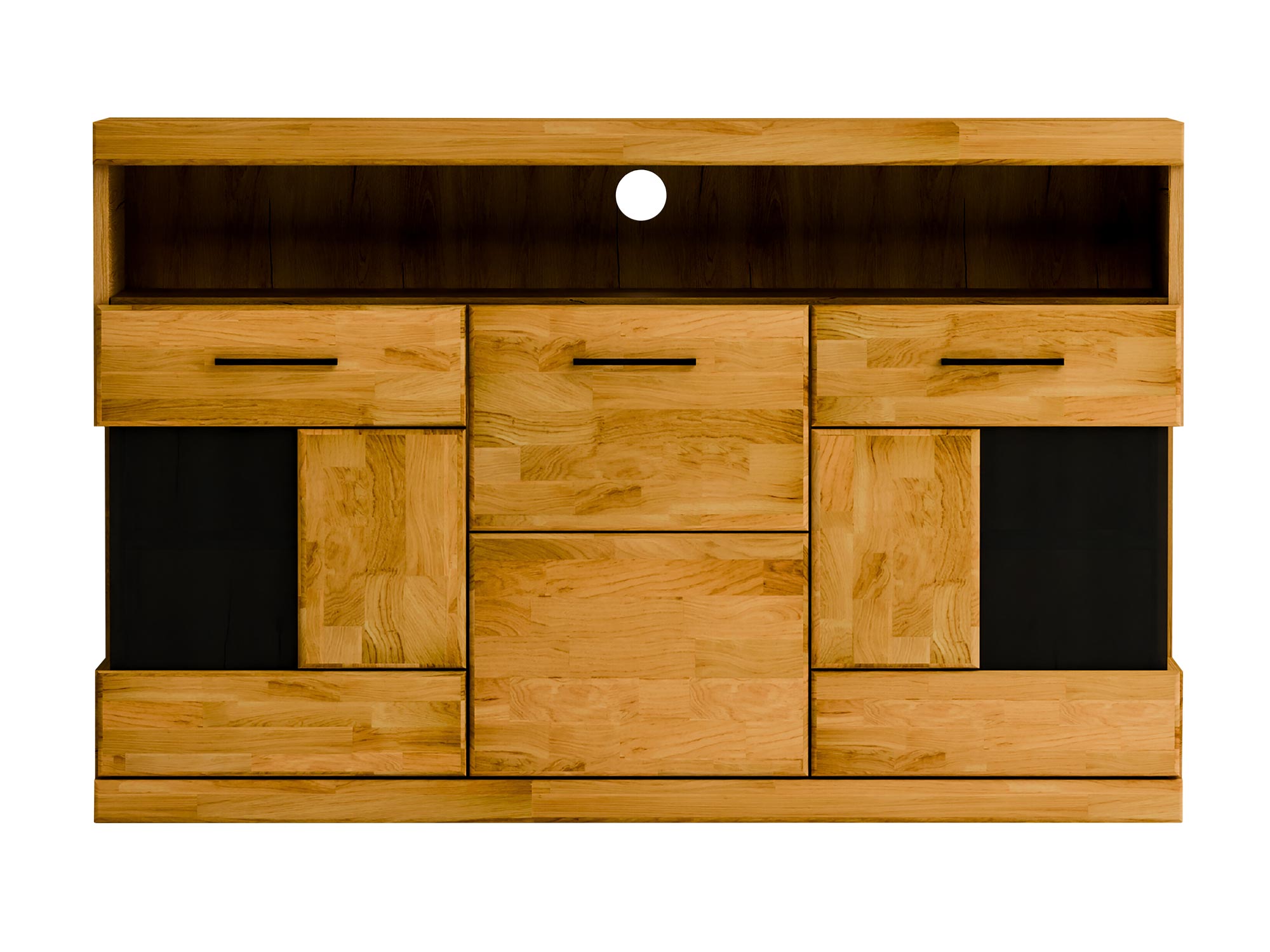 Drewniana szafka RTV z przeszkleniem i wnęką