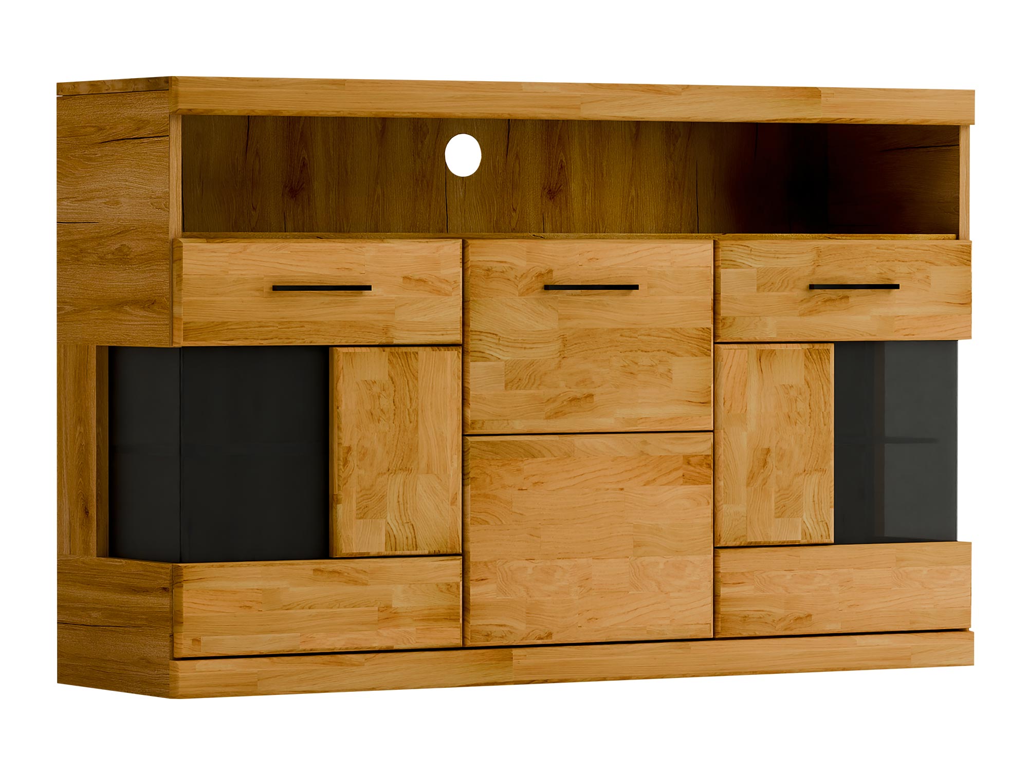 Nowoczesna szafka RTV z czarnymi szybami i wnęką