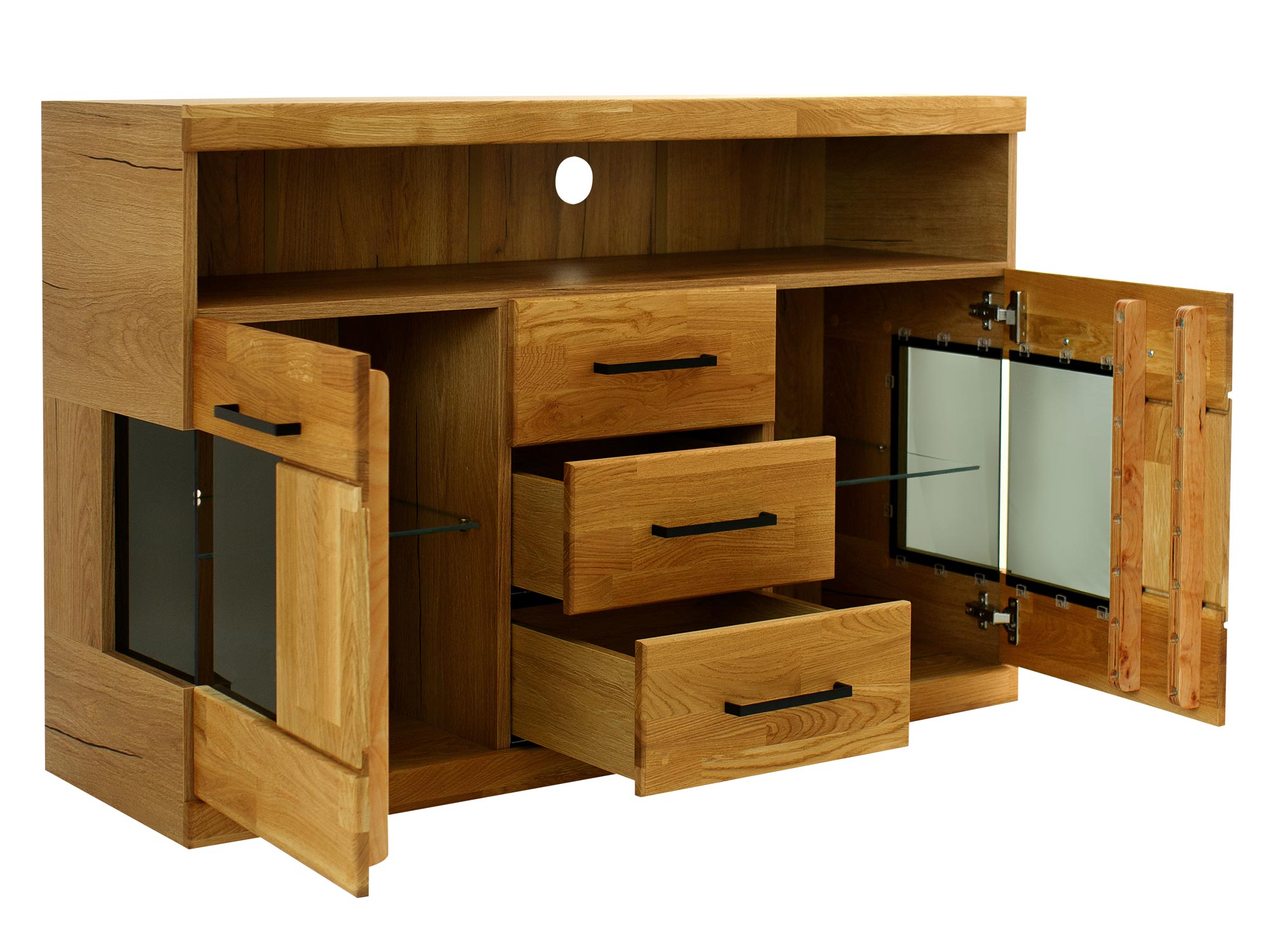 Szafka RTV z otwartymi szufladami, widok wnętrza