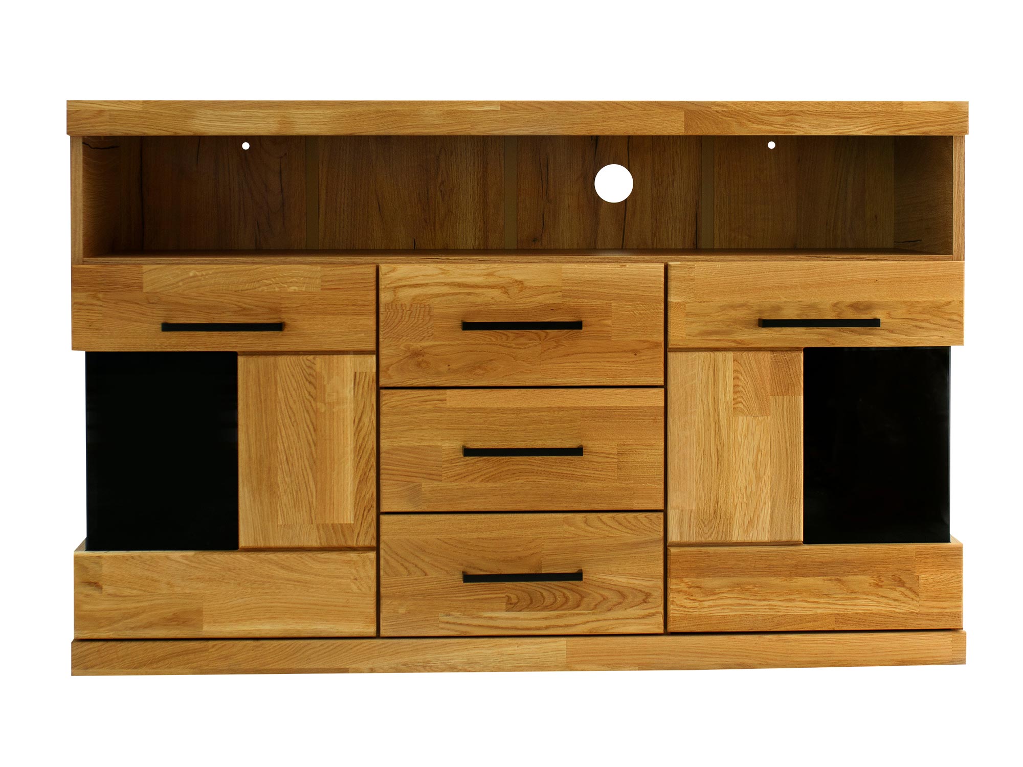 Drewniany segment RTV z witrynami i półkami