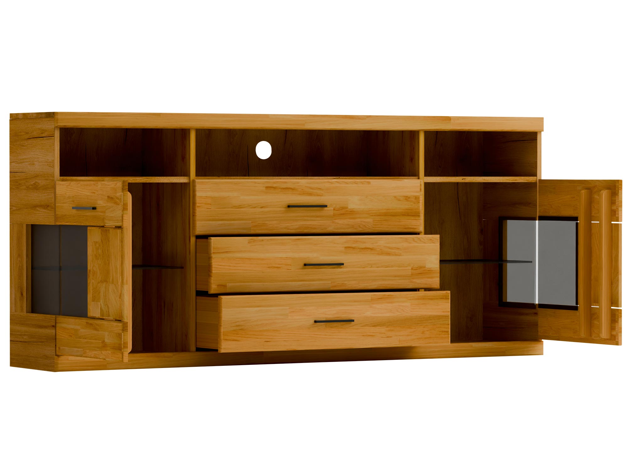 Komoda RTV z przeszklonymi bokami i trzema szufladami