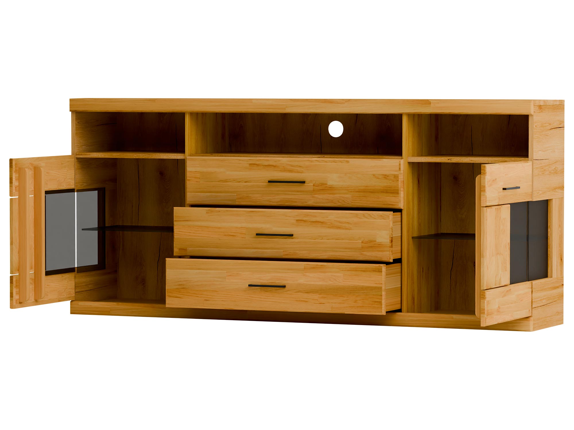 Szafka RTV narożna z witryną i czarnymi elementami