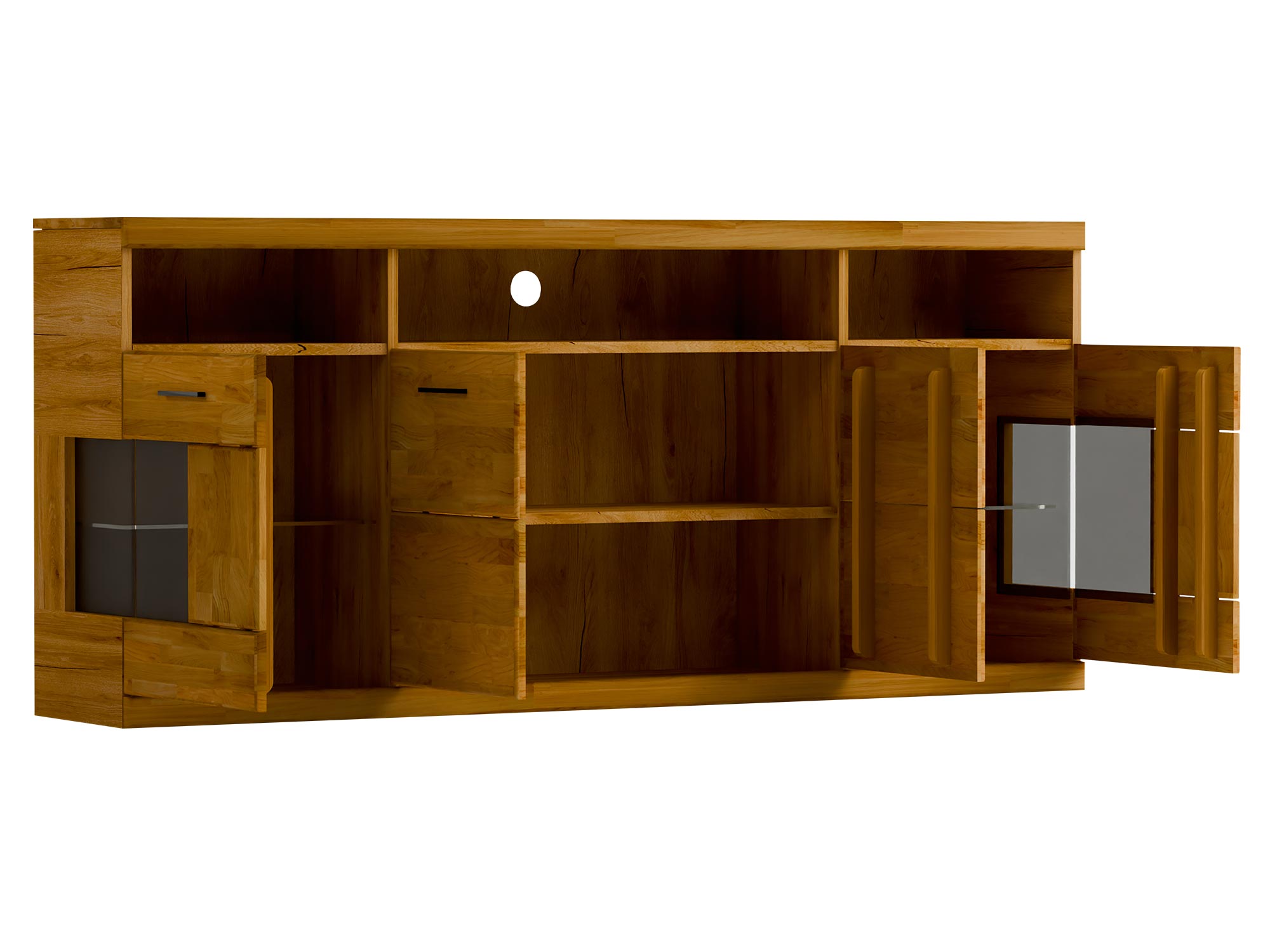 Szafka RTV z otwartą półką i trzema szufladami, styl loftowy