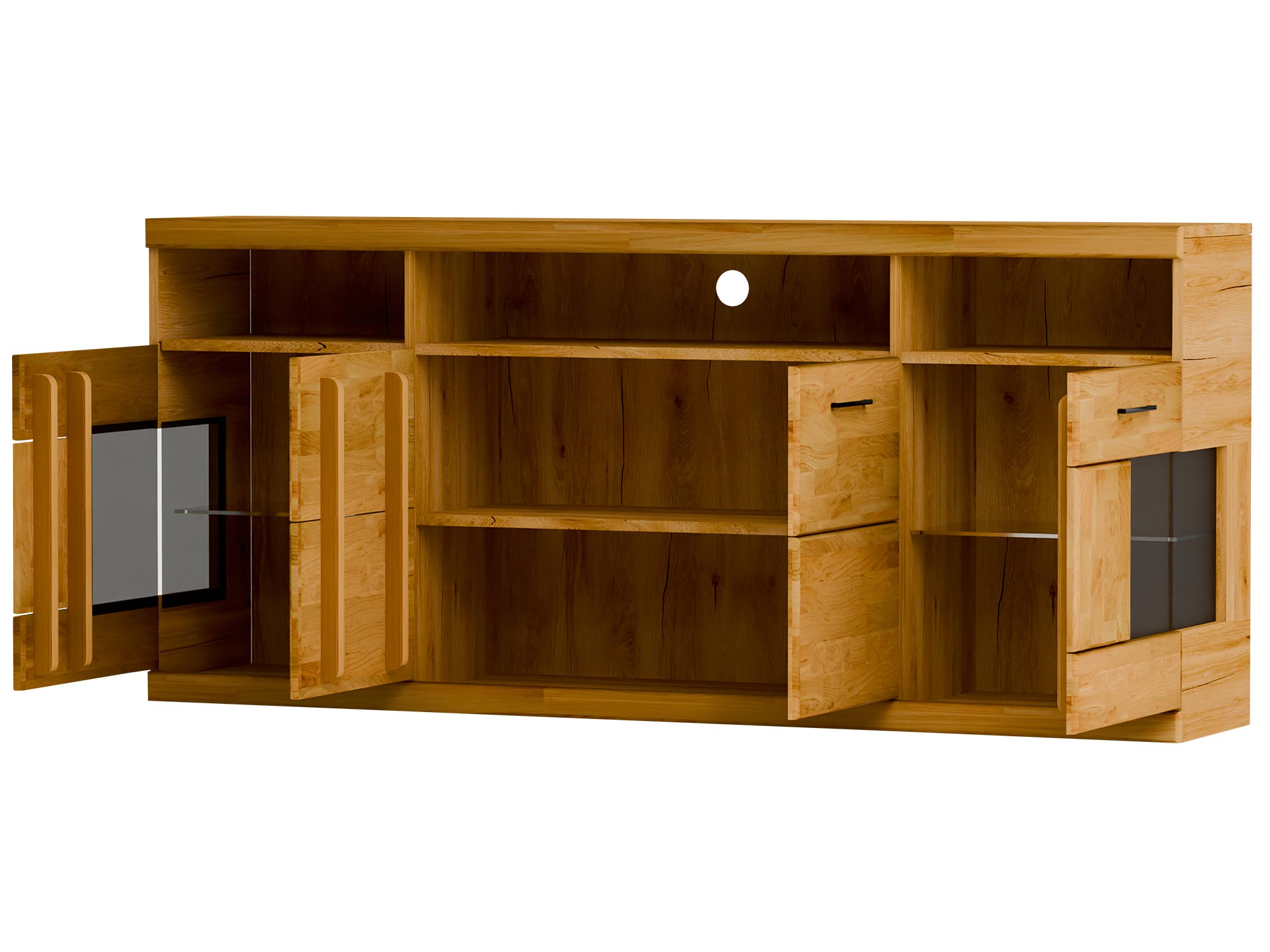 Szafka RTV z szerokim blatem, czarną wnęką i uchwytami