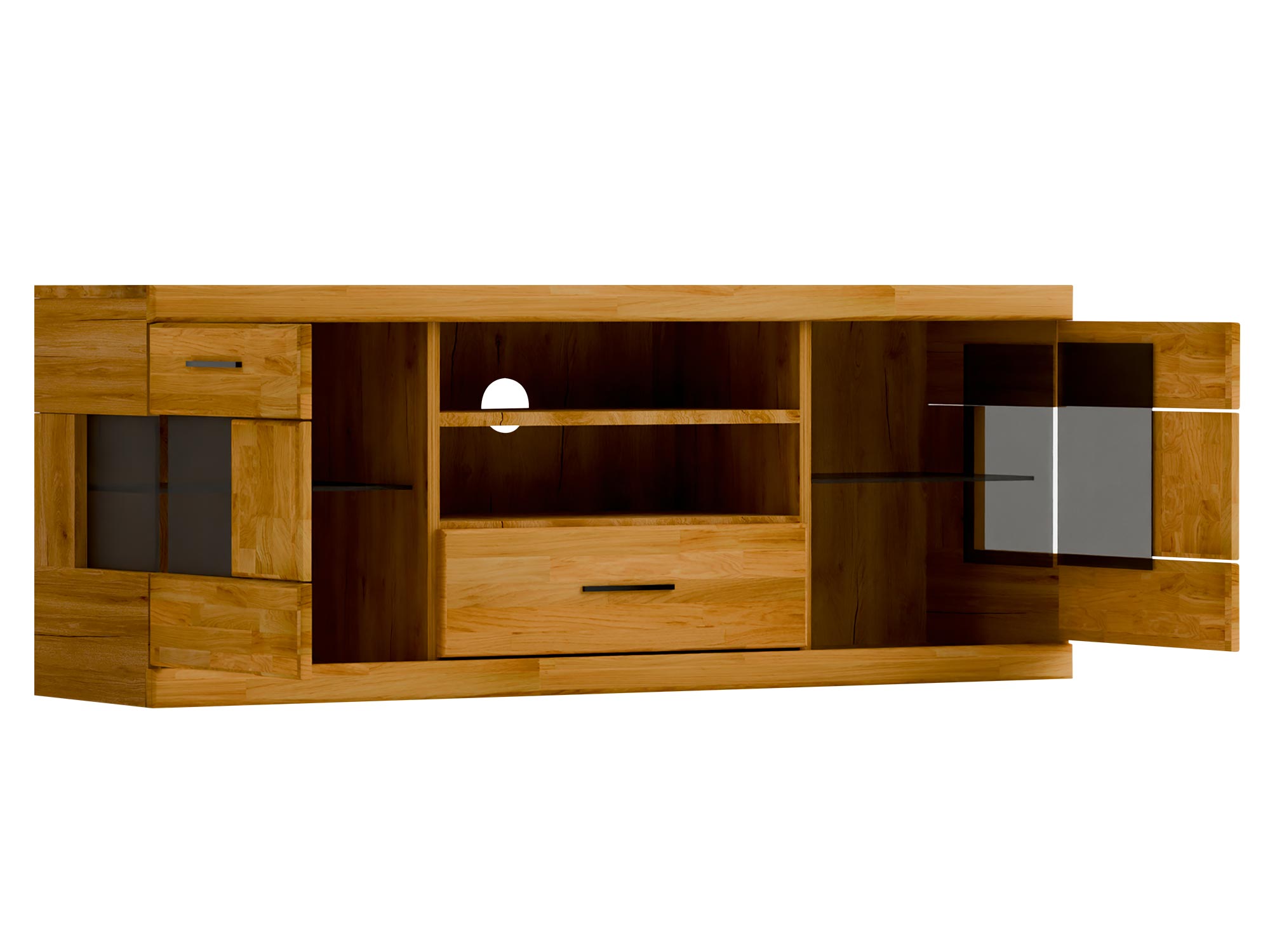 Szafka RTV z szerokimi frontami, czarną wnęką i półką