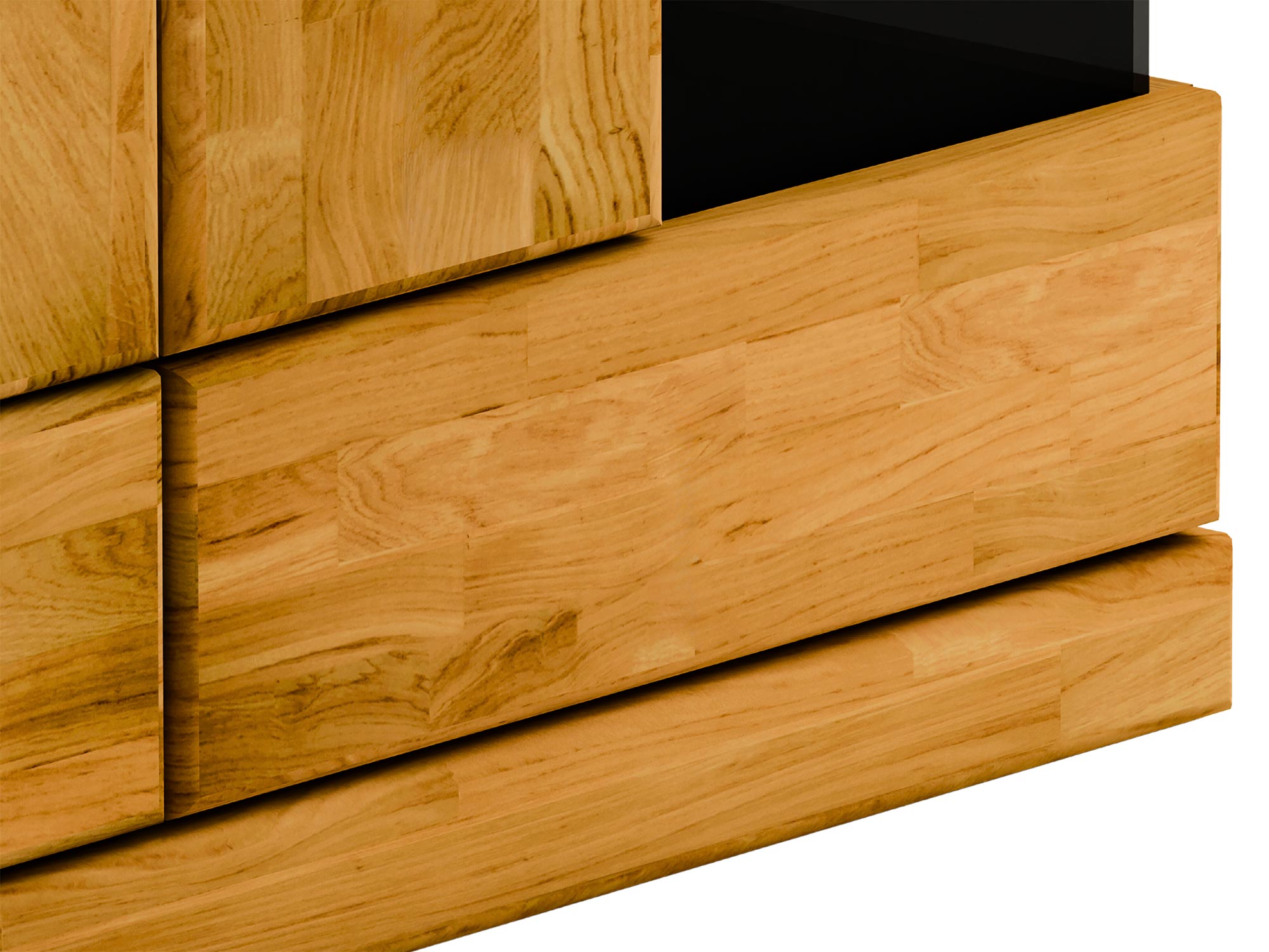 Zbliżenie na strukturę drewna i czarną wstawkę w szafce