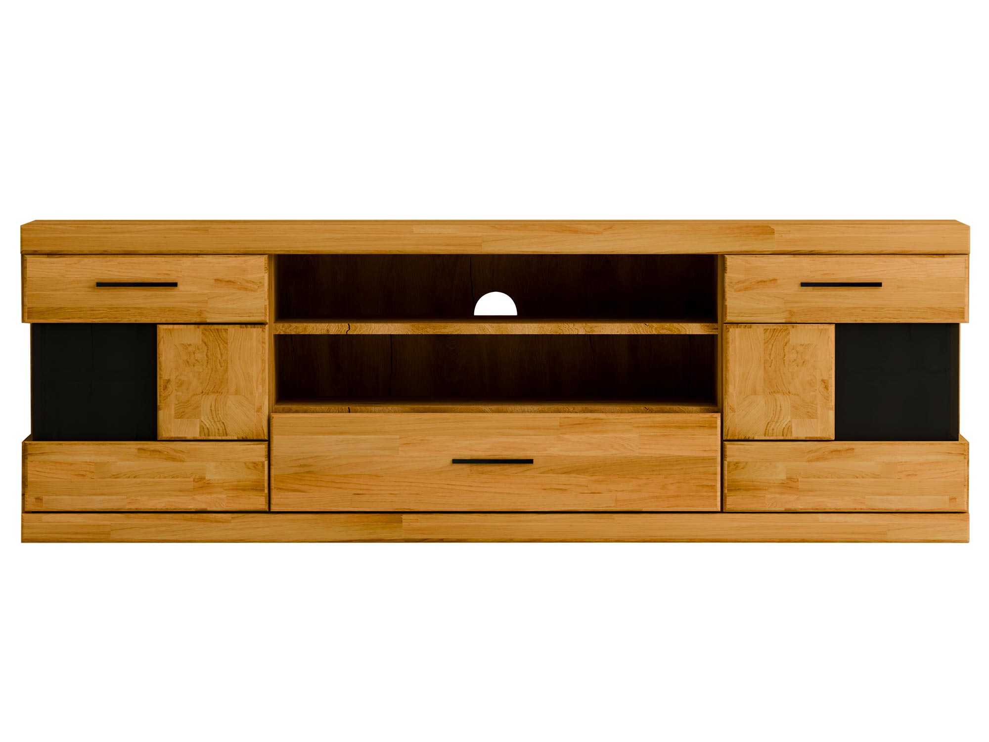 Drewniana szafka RTV pod telewizorem z czarnymi elementami