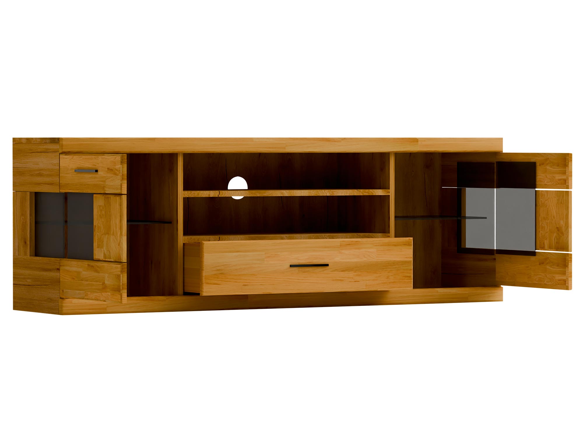 Szafka RTV z szeroką półką,, zufladami i bocznymi witrynami