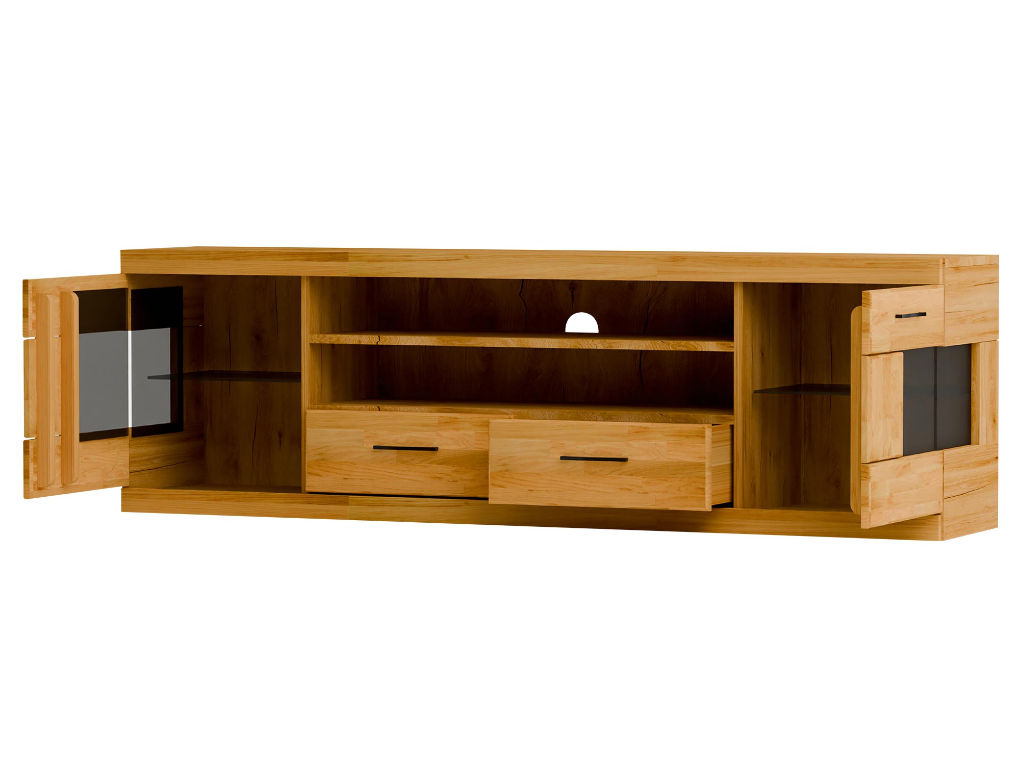 Witryna RTV z szufladami, otwartą półką i przeszklonymi bokami