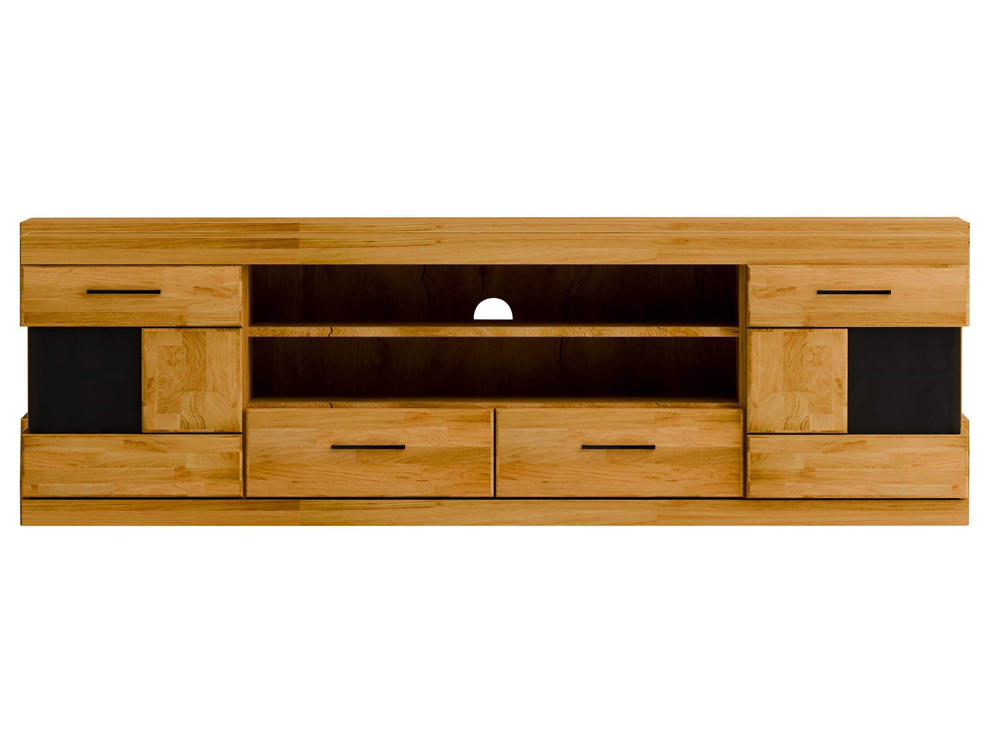 Mebel RTV z miejscem na sprzęt i czarnymi elementami