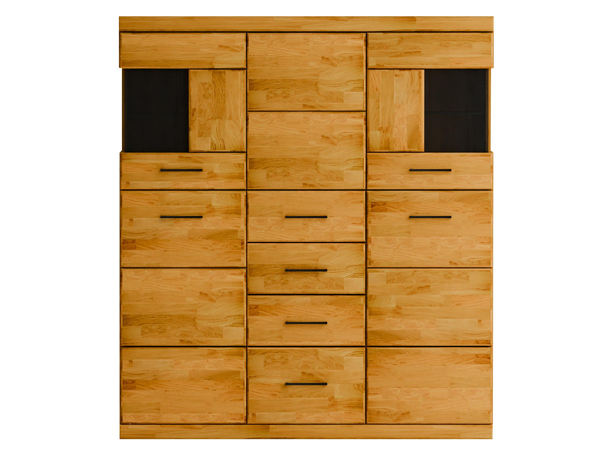 Komoda z szerokimi witrynami i szufladami w dolnej części