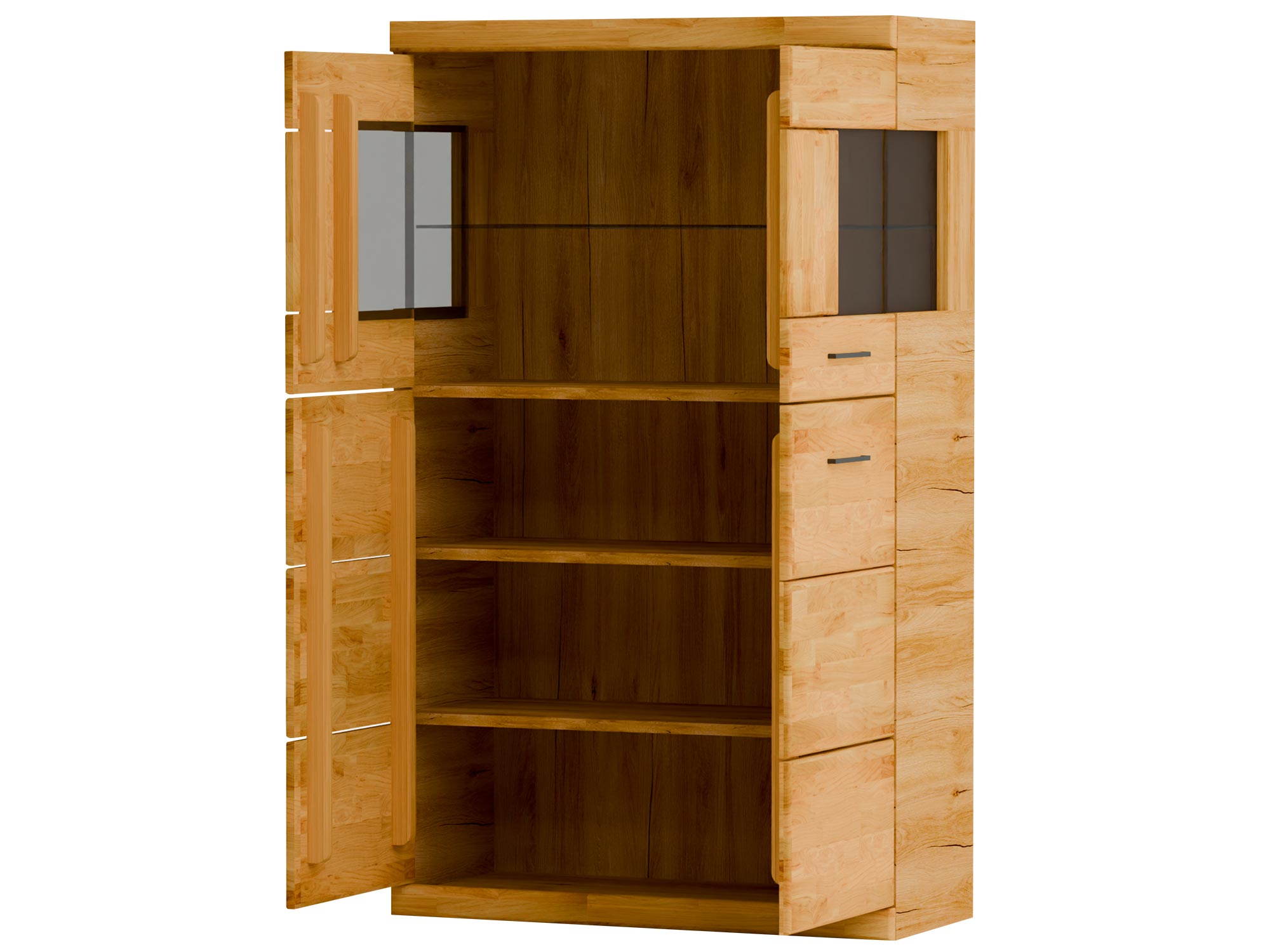 Komoda otwarta z półkami i bocznymi przeszkleniami