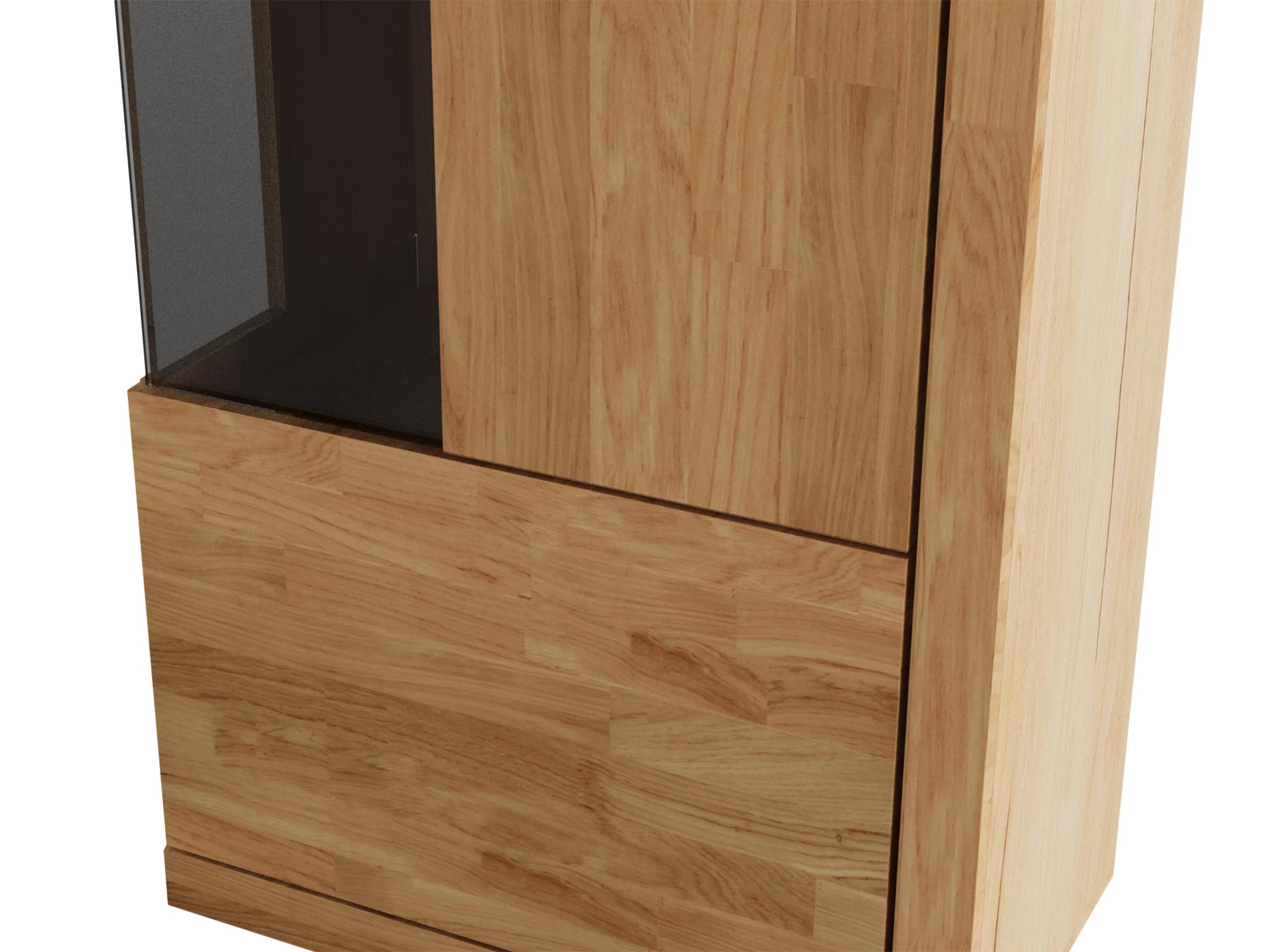 Zbliżenie na witrynę z naturalnego drewna z czarnym przeszkleniem