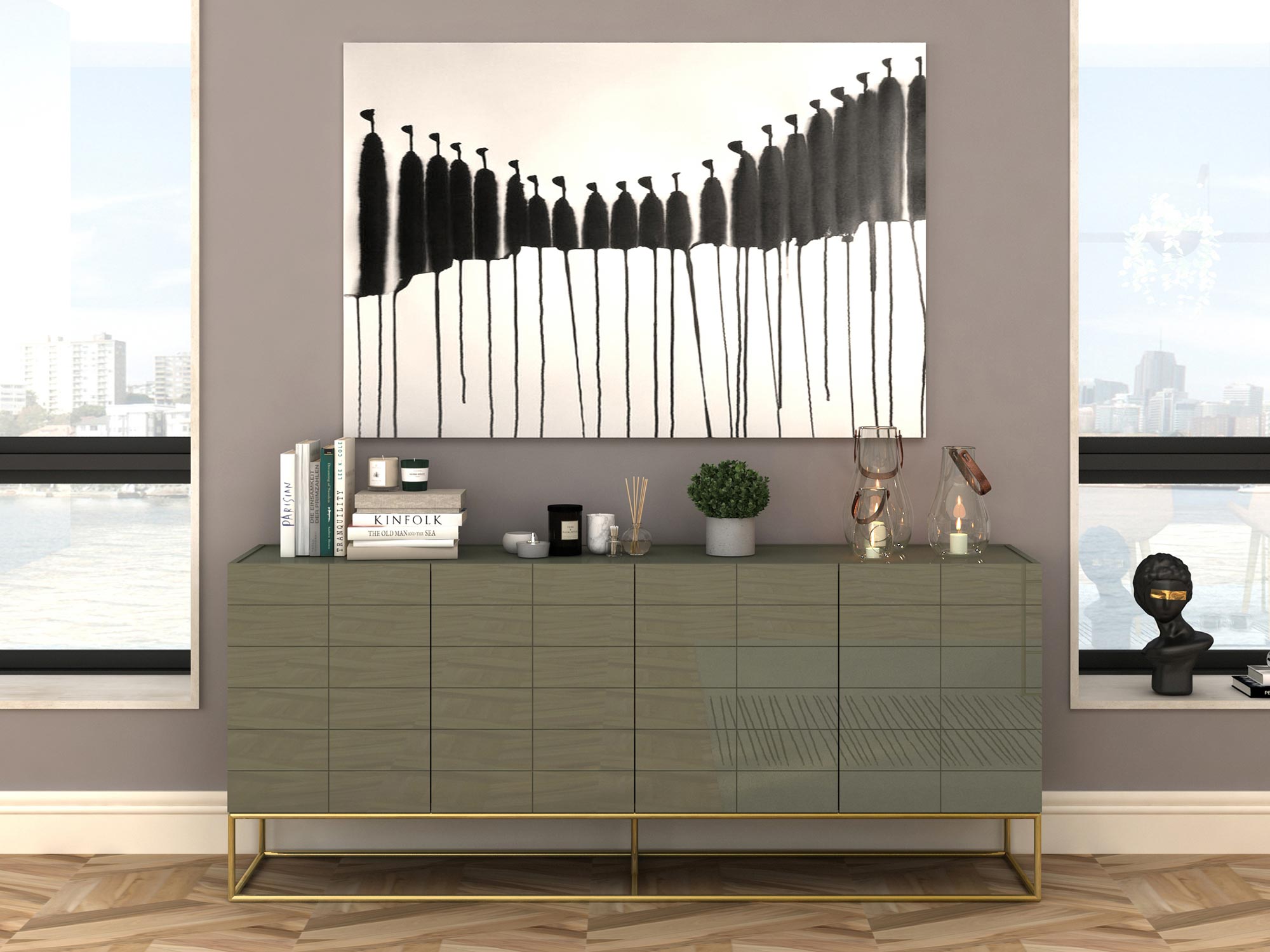 Komoda glamour oliwkowa z metalową podstawą do salonu