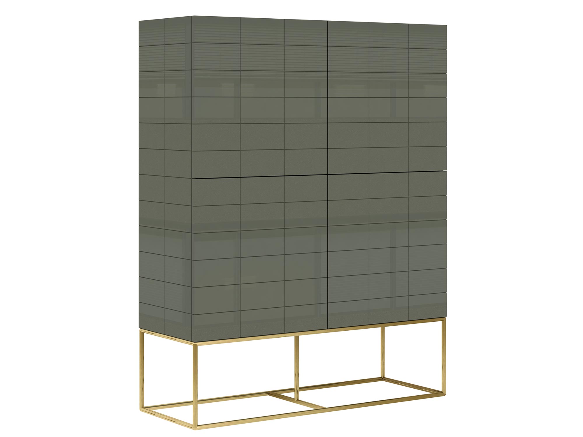 Nowoczesna komoda z pionowym układem szuflad i złotą podstawą