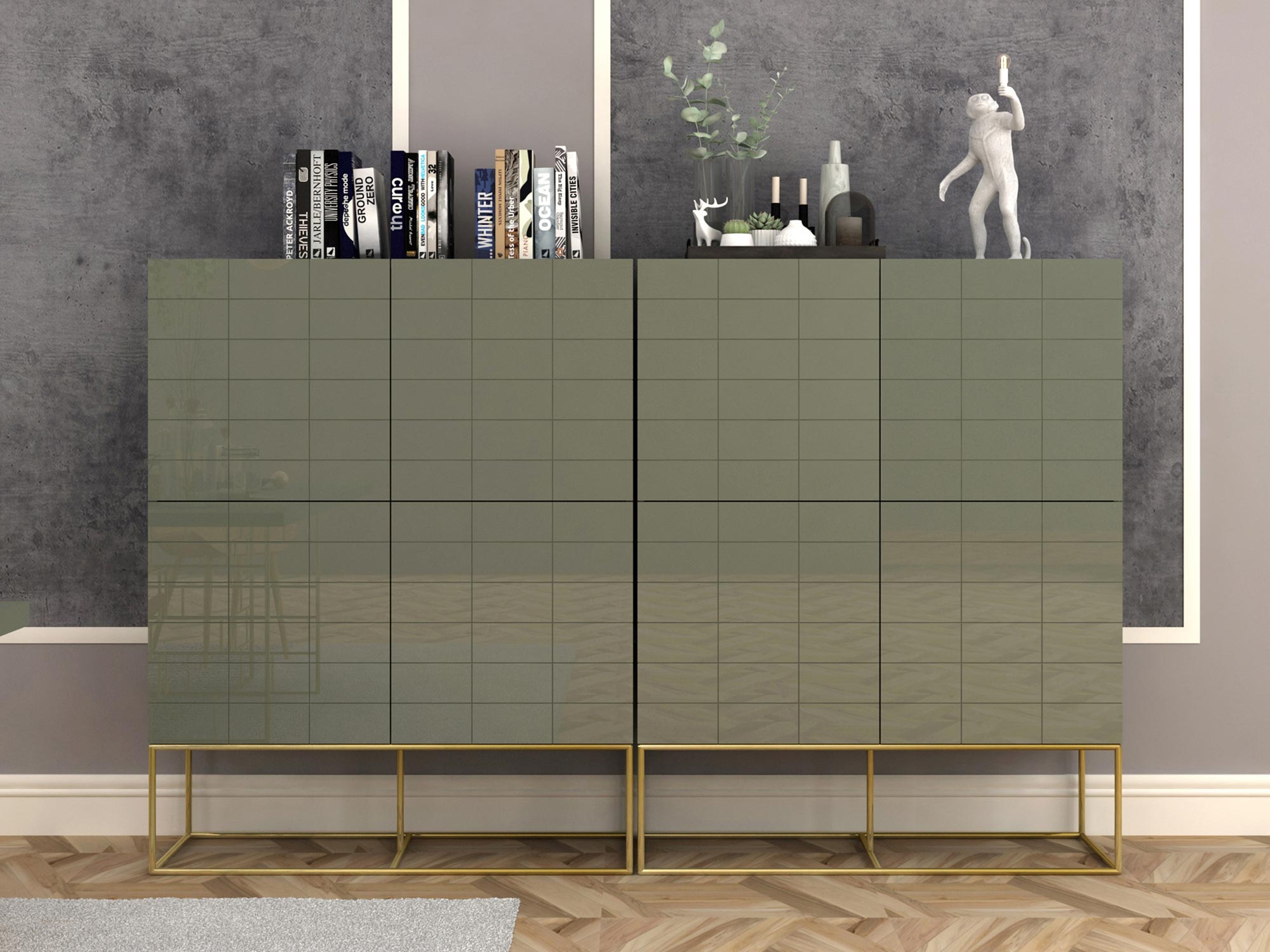 Wysoka komoda z szufladami w kolorze zgaszonej zieleni