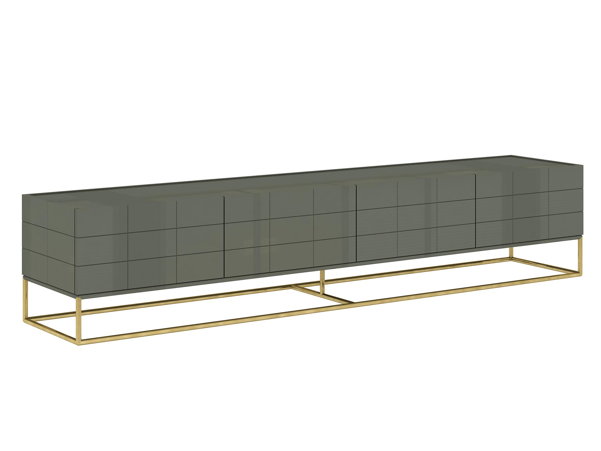 Stylowa komoda RTV w unikatowym zielonym kolorze ze złotymi dodatkami