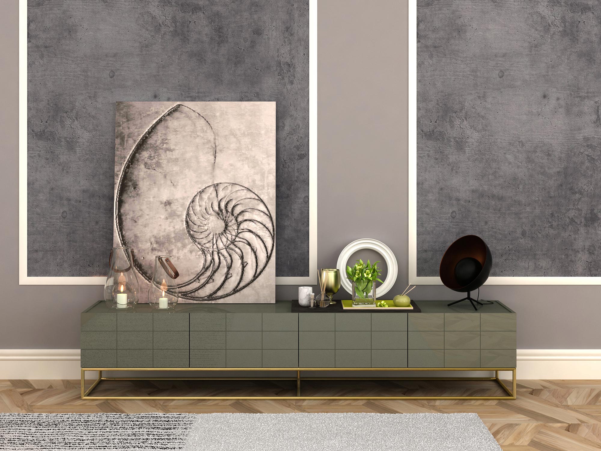 Komoda RTV w stylu klasycznym w kolorze zielonym ze złotymi akcentami