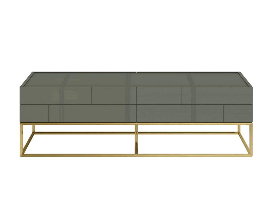 Ława modern classic w cementowej zieleni z kontrastującymi złotymi nogami – Blossom Grove