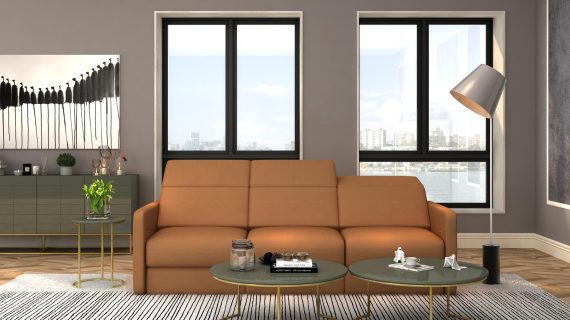 Miniaturka 2 - Elegancki salon z pomarańczową sofą i stolikiem glamour