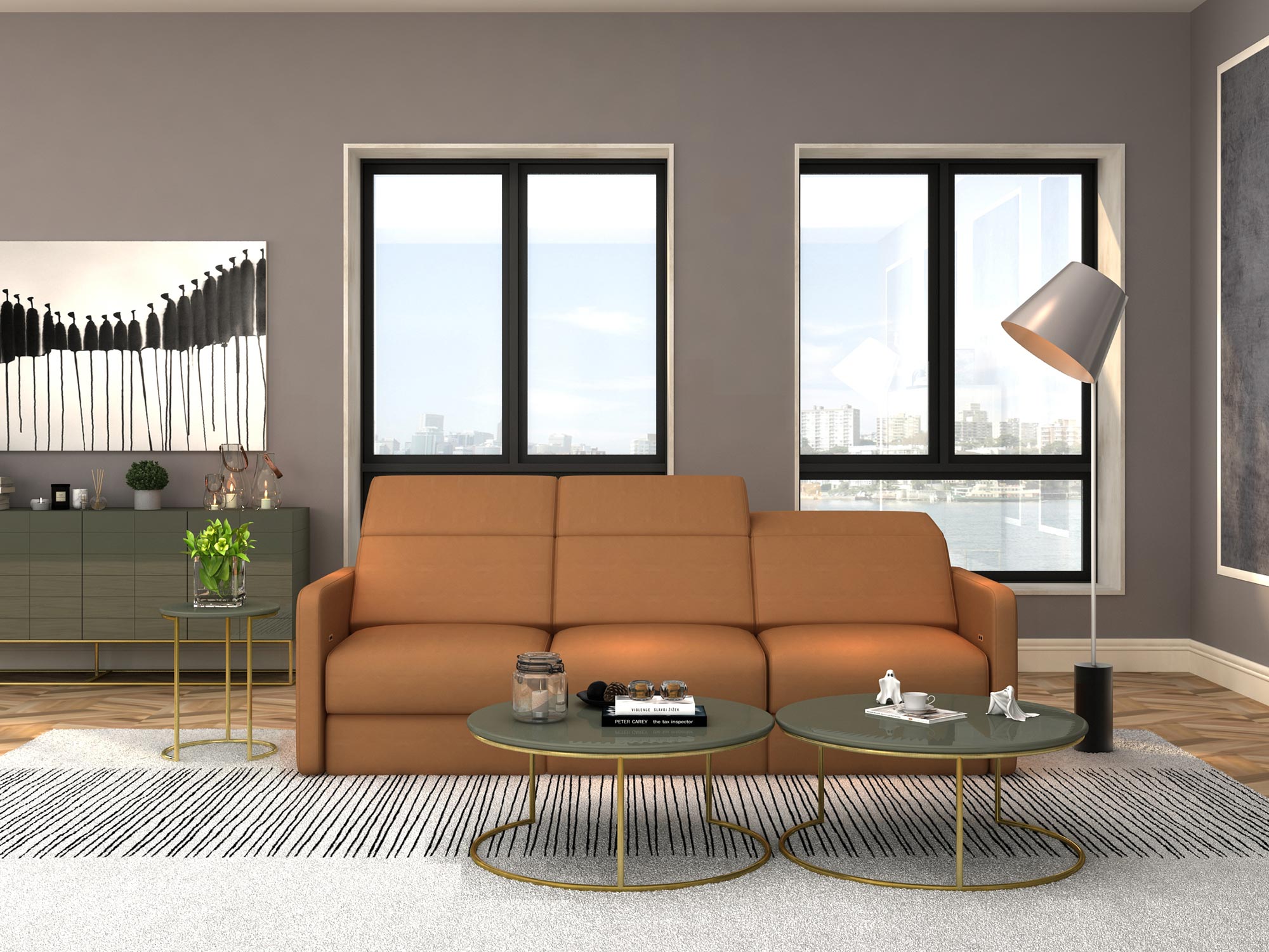 Elegancki salon z pomarańczową sofą i stolikiem glamour Elegancki salon z pomarańczową sofą i stolikiem glamour