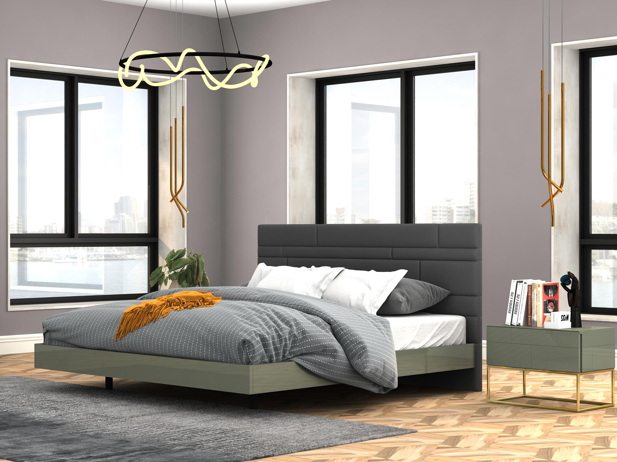 Zielone łóżko z prostym zagłówkiem do sypialni w stylu modern