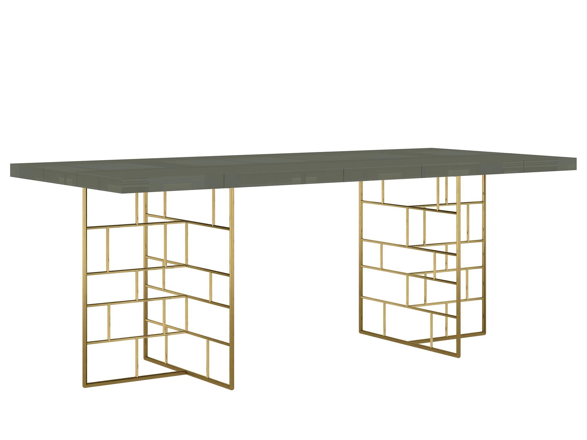 Stylowy stół z zielonym blatem i geometrycznymi złotymi nogami