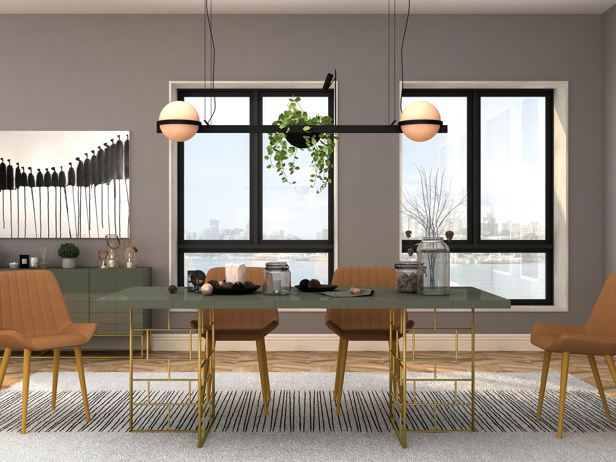 Aranżacja jadalni z zielonym stołem i krzesłami w stylu modern