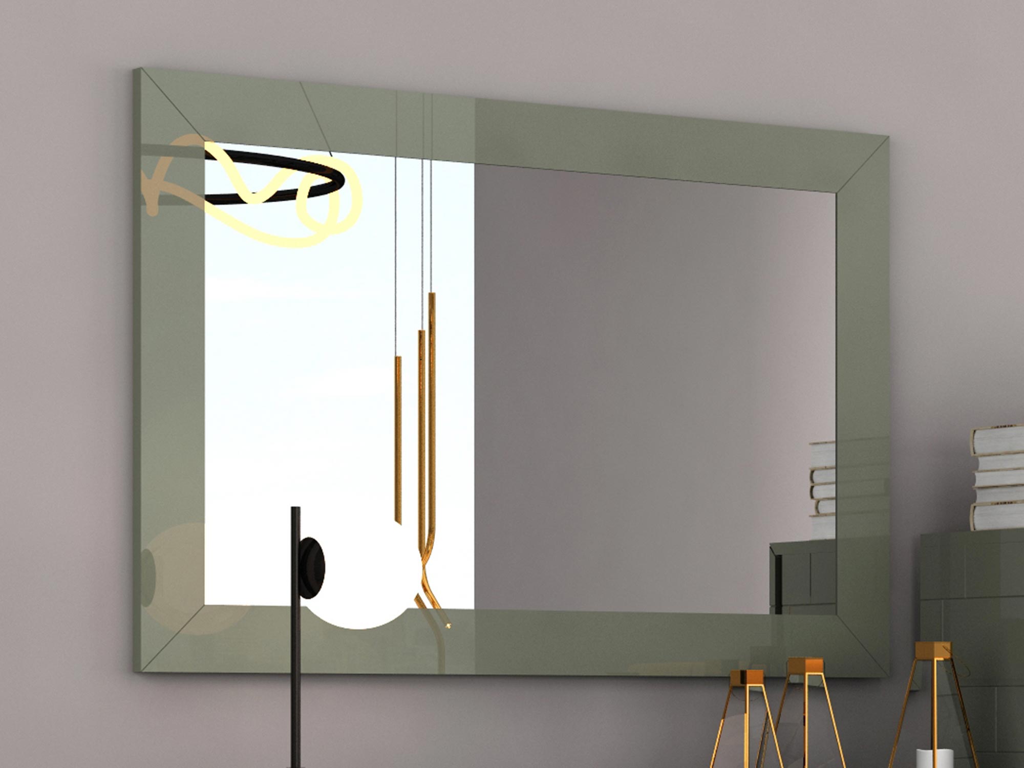 Duże lustro w zielonej ramie do nowoczesnej sypialni