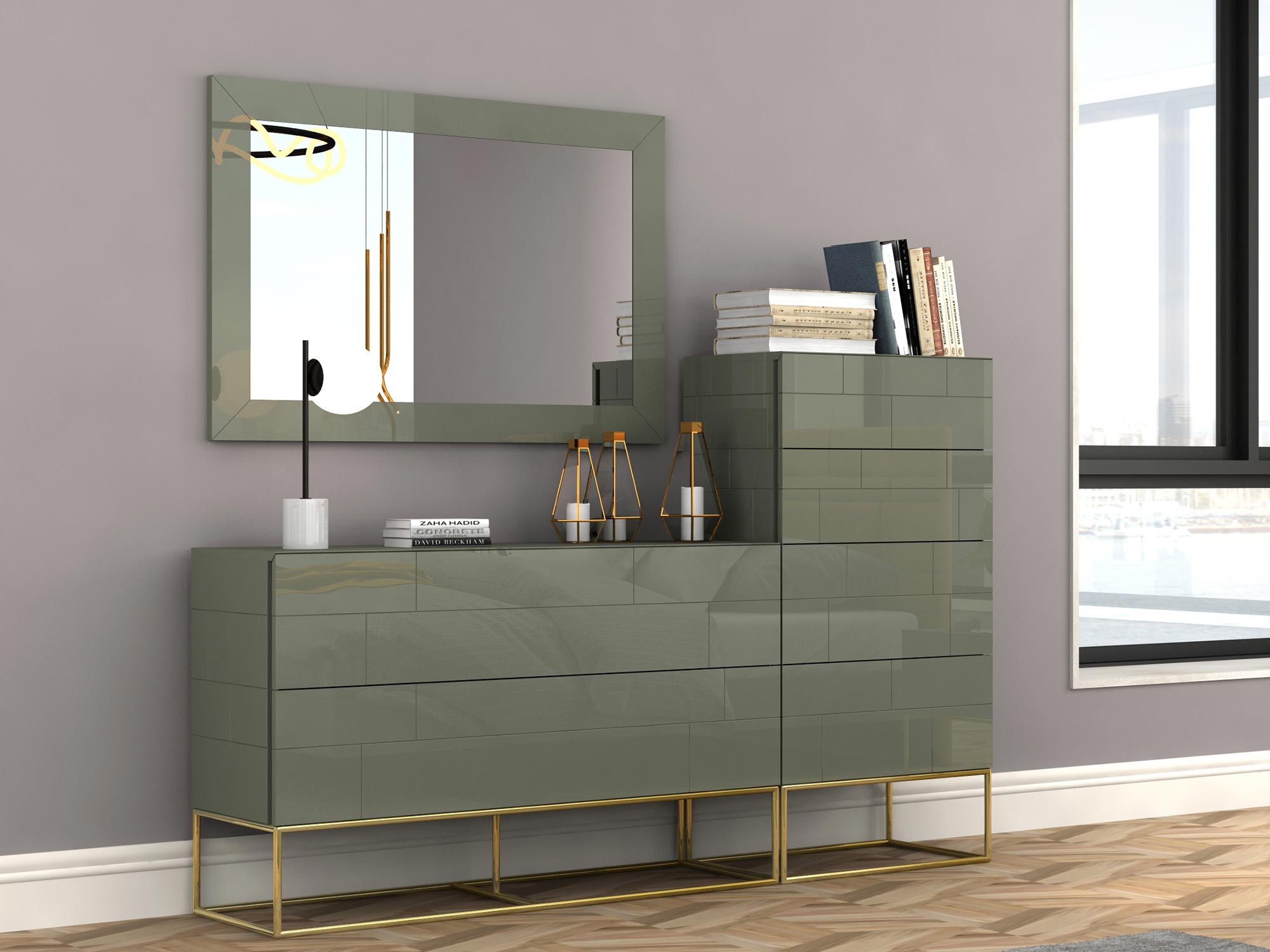 Lustro w stylu modern classic z ramą w kolorze cementowej zieleni