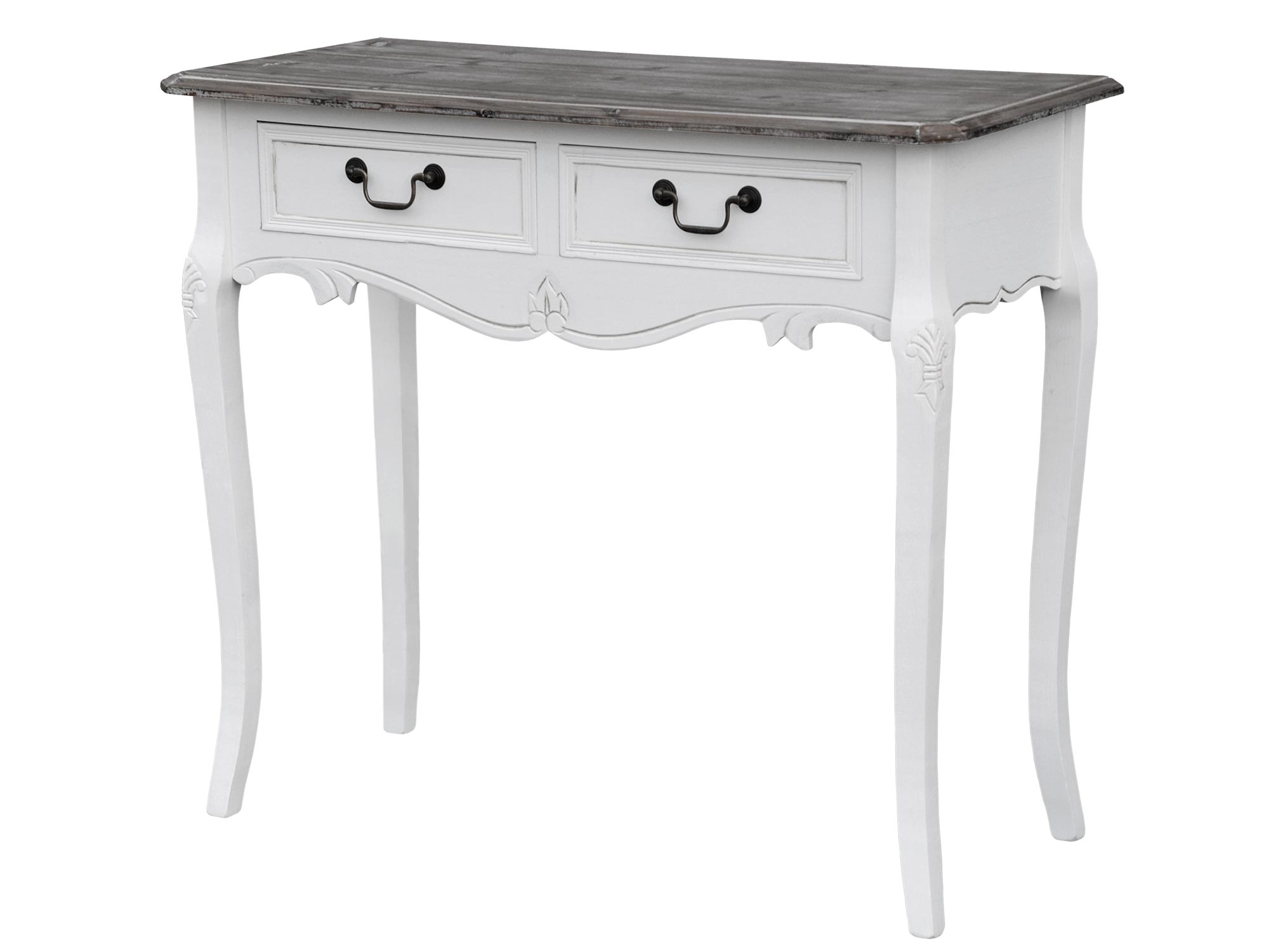 Biała drewniana konsola z dekoracyjnymi nogami i szufladami w stylu prowansalskim