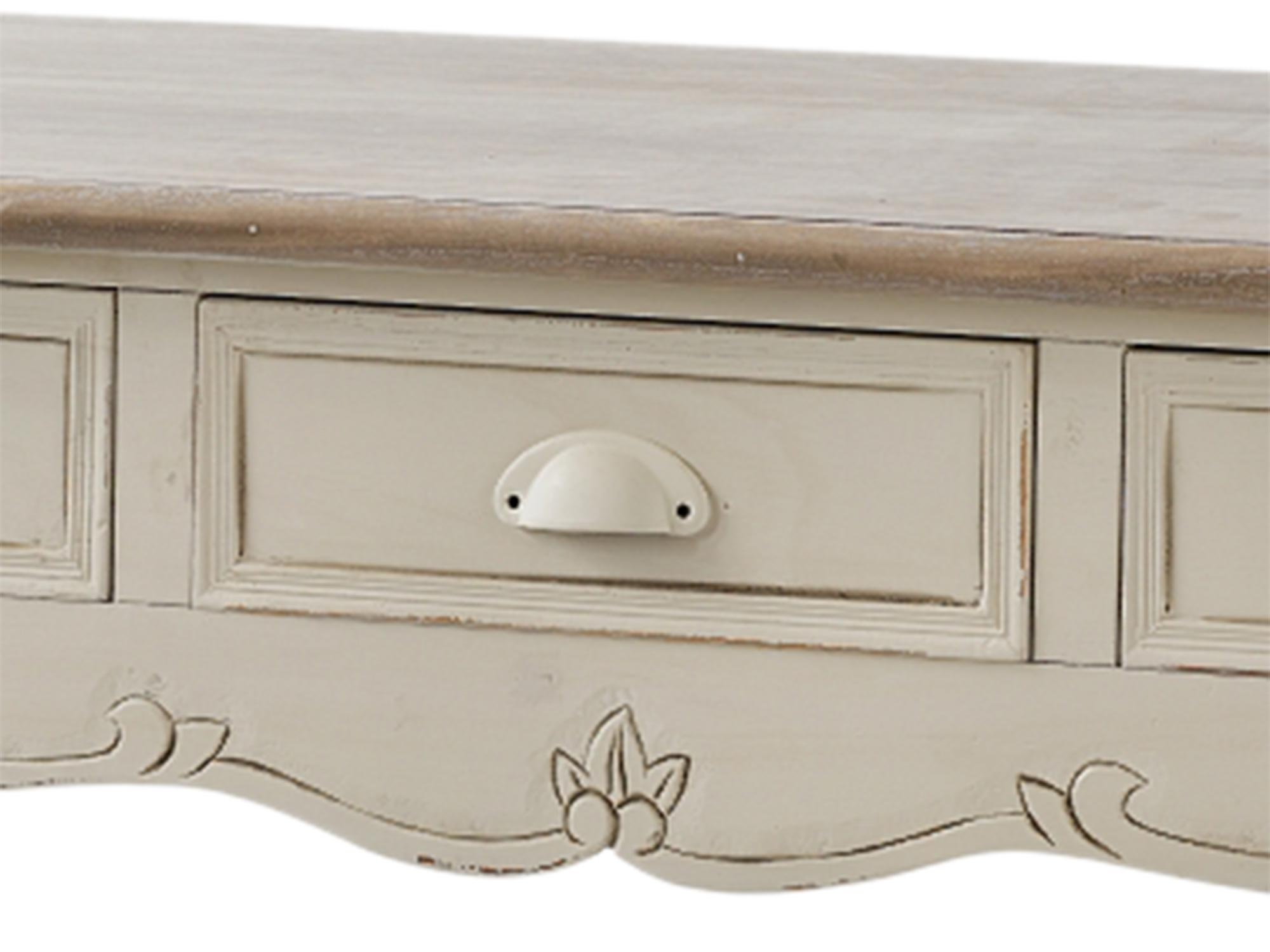 Drewniana konsola z dekoracyjnymi frontami w stylu prowansalskim kolor kremowy Drewniana konsola z dekoracyjnymi frontami w stylu prowansalskim kolor kremowy