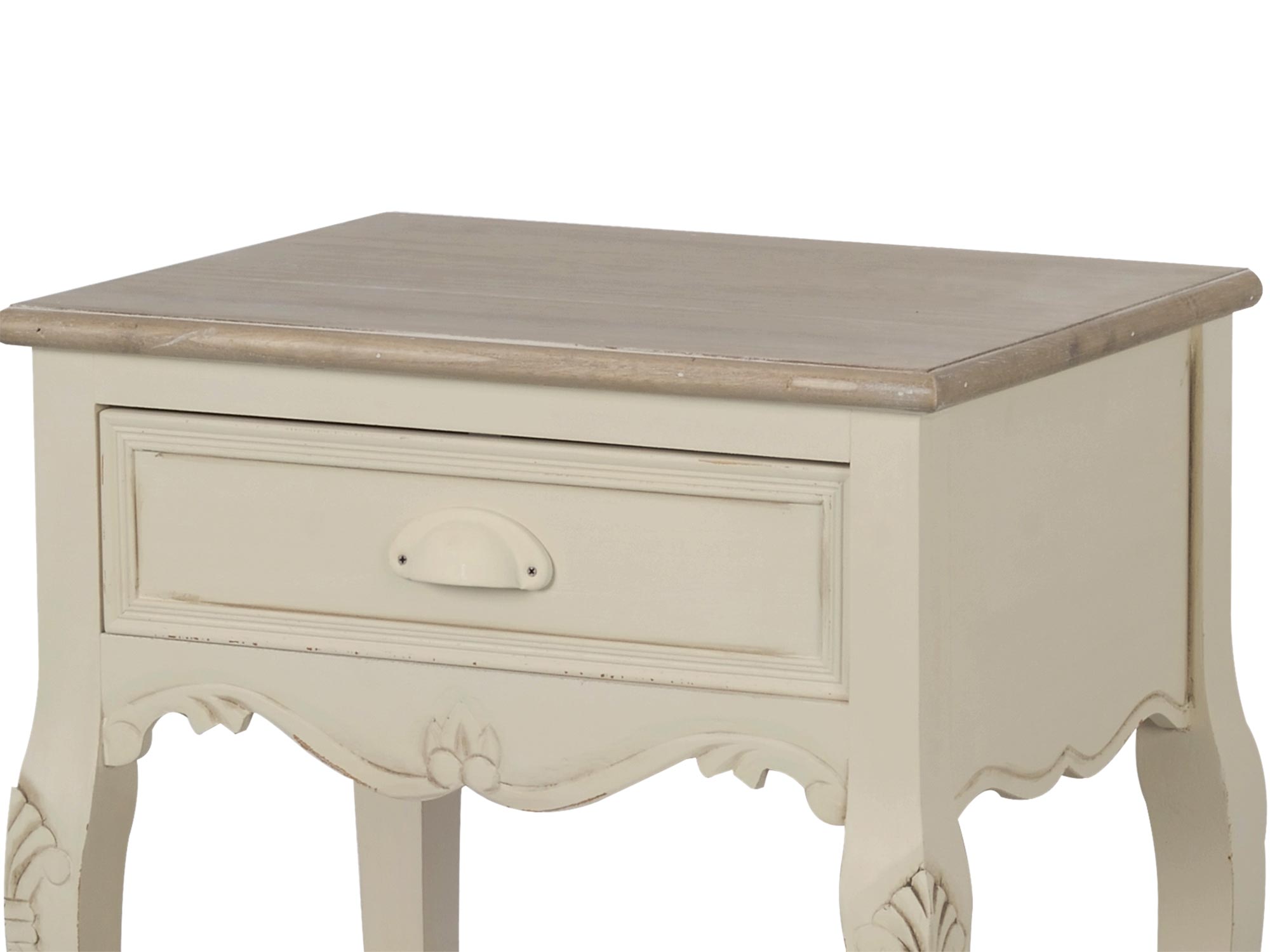 Detal drewnianego blatu szafki nocnej w stylu prowansalskim kolor biały