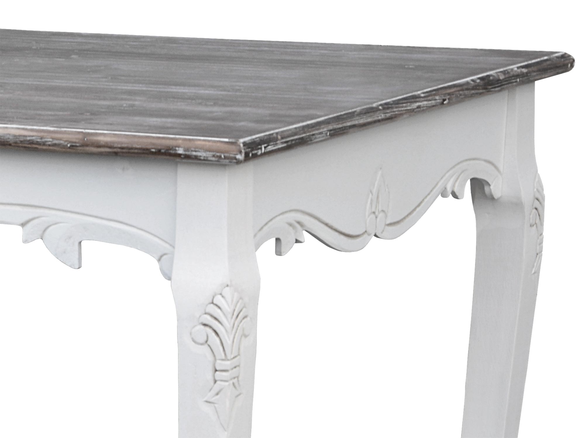 Drewniany stół z ozdobnym blatem i rzeźbionymi nogami w stylu prowansalskim