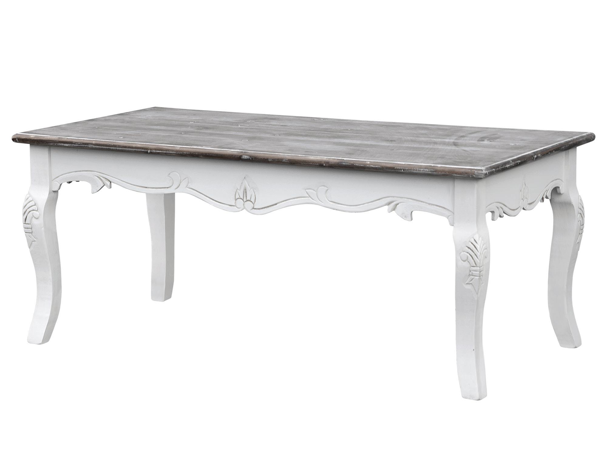 Drewniany stół z rzeźbionymi nogami i ozdobnym blatem w stylu prowansalskim