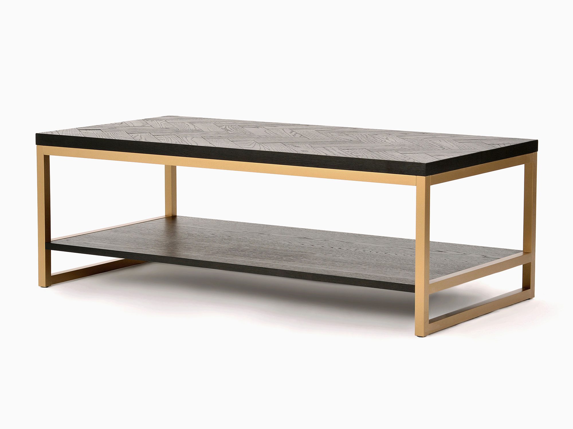 Nowoczesna ława z półką i złotym stelażem Nowoczesna ława z półką i złotym stelażem