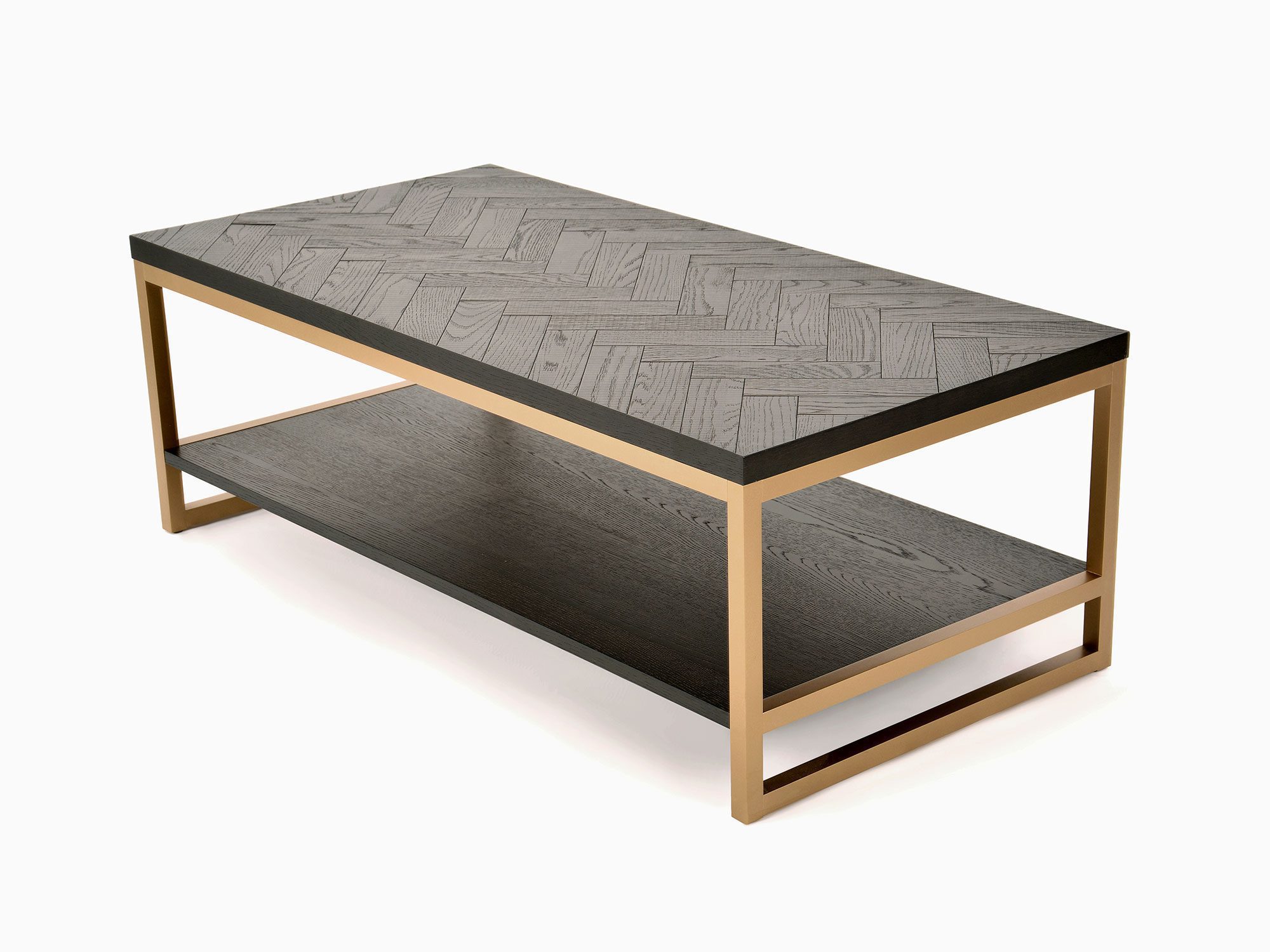 Minimalistyczna ława z ciemnym blatem i złotą ramą Minimalistyczna ława z ciemnym blatem i złotą ramą