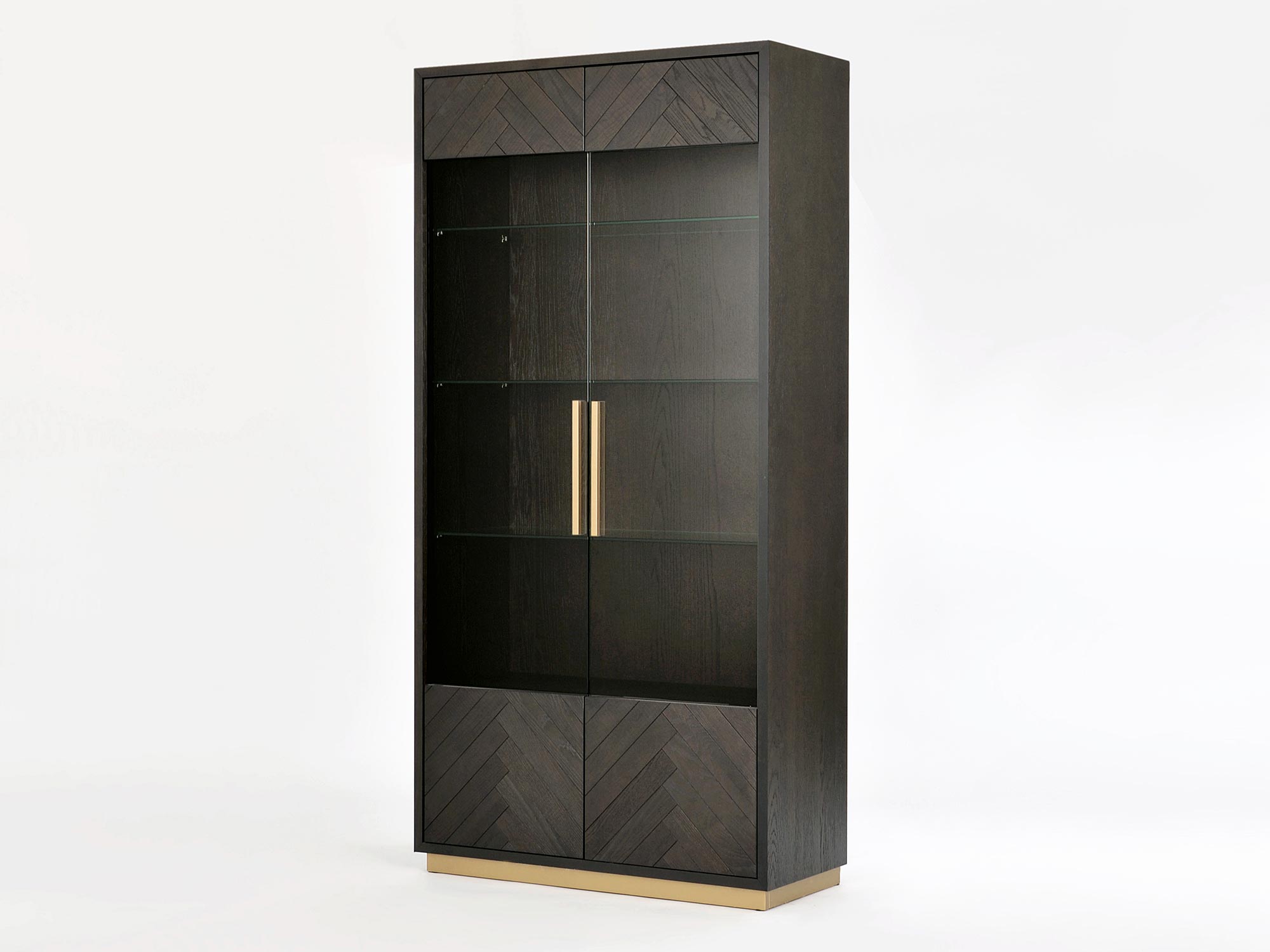 Nowoczesna witryna do salonu z ciemnego drewna bukowego i złotymi uchwytami