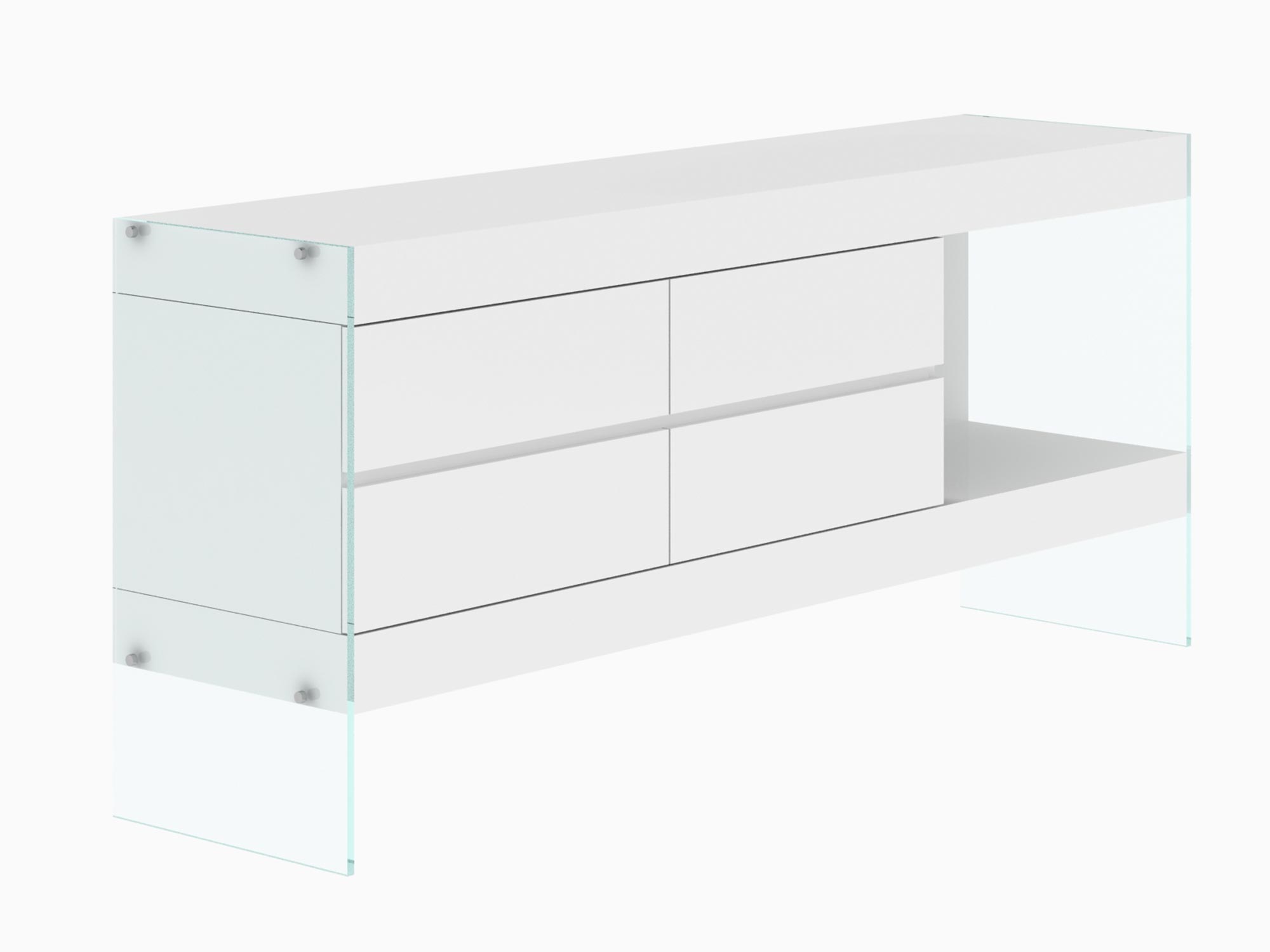 Minimalistyczna komoda z białymi frontami i szkłem