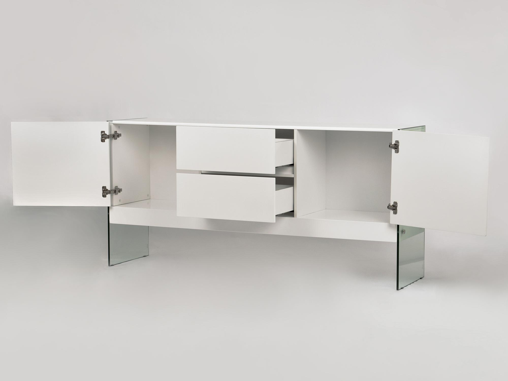 Designerska komoda z szklanymi bokami i trzema szufladami