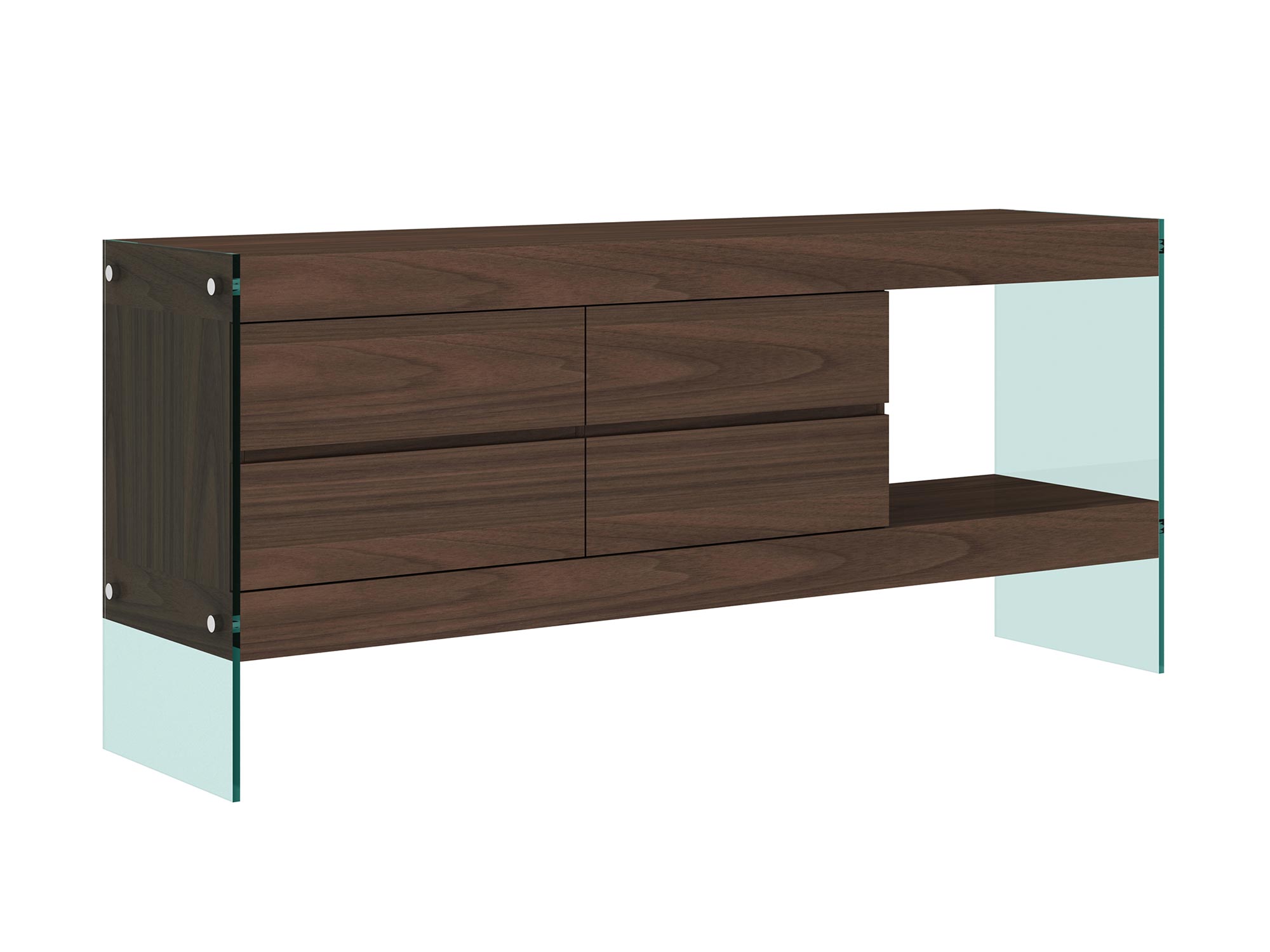 Nowoczesna komoda w kolorze orzechowym z nogami ze szkła hartowanego