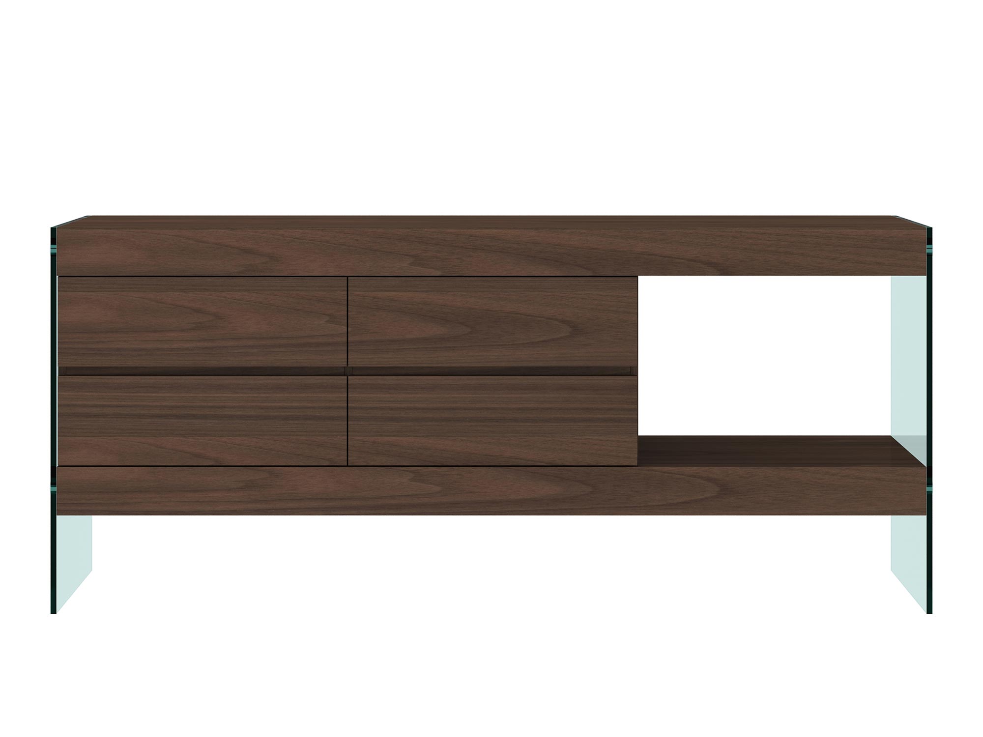 Komoda w kolorze orzechowym z eleganckim akcentem w postaci nóg ze szkła hartowanego