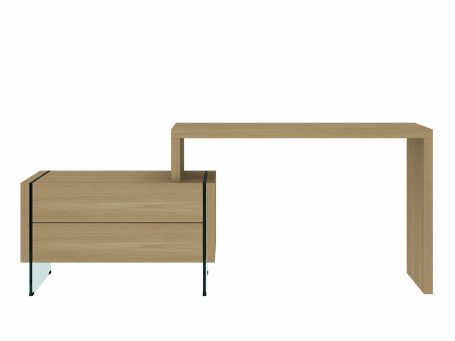 Designerskie biurko narożne z drewnianym blatem i szklanym bokiem