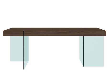 Drewniany stół do jadalni ze szklanymi nogami i nowoczesnym designem