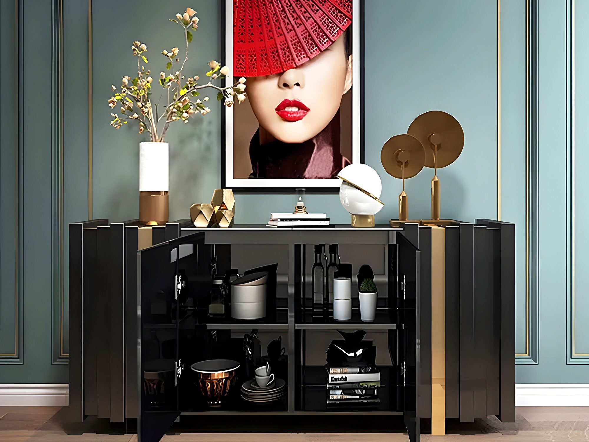 Czarno-złota komoda glamour z ozdobnym frontem i złotymi detalami
