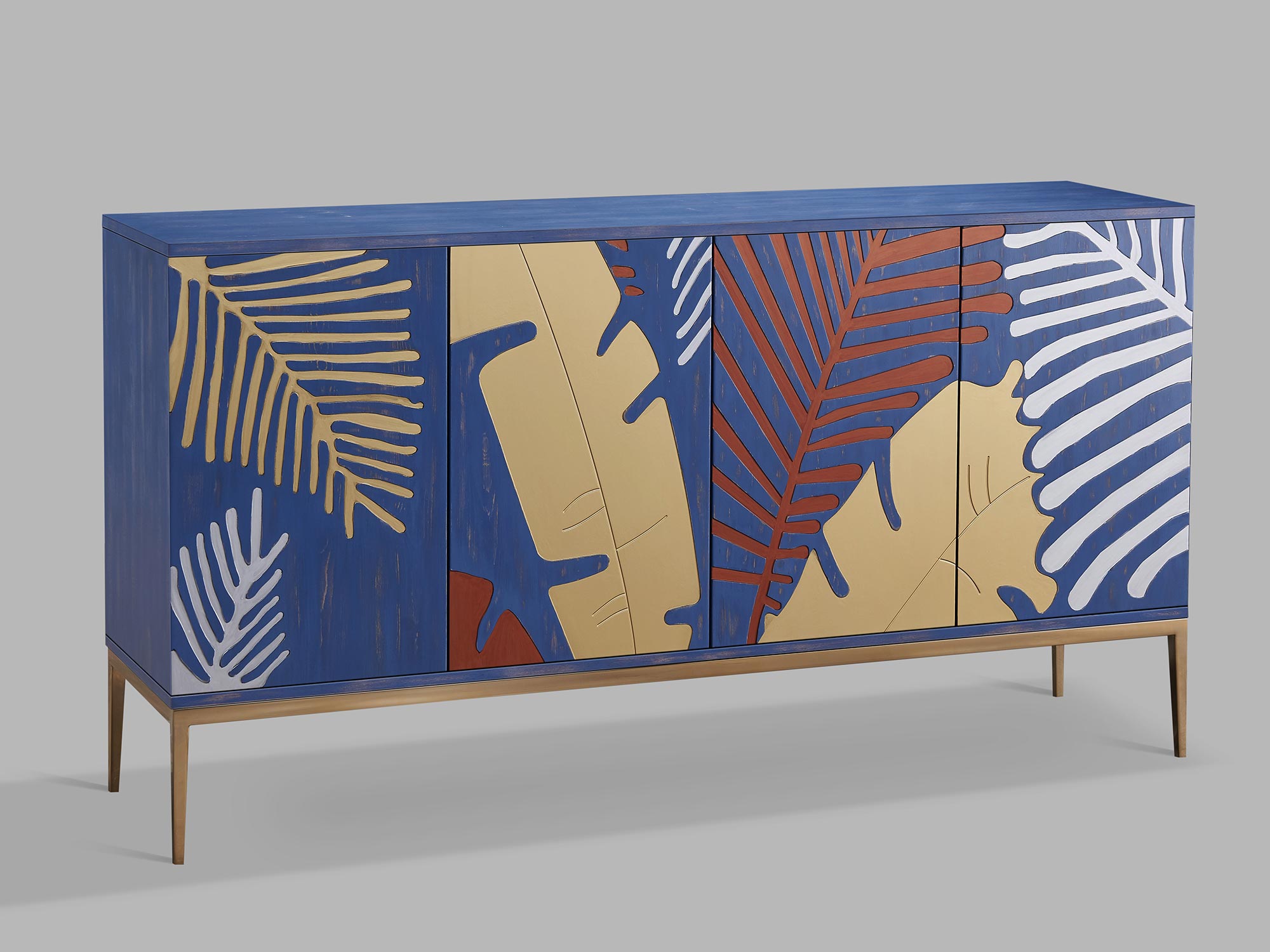 Stylowa komoda z motywem liści w niebiesko-złotych odcieniach