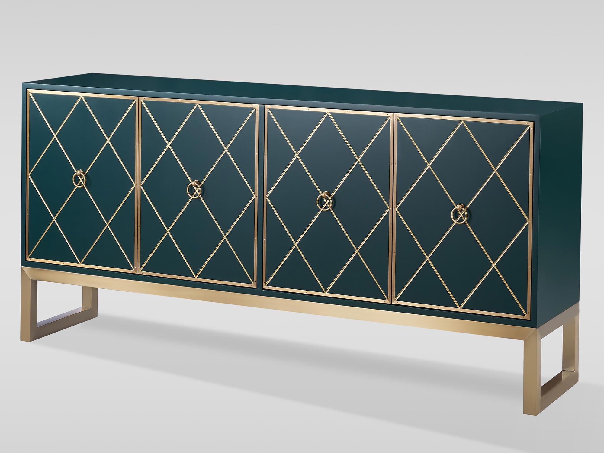 Komoda glamour w kolorze butelkowej zieleni ze złotymi zdobieniami