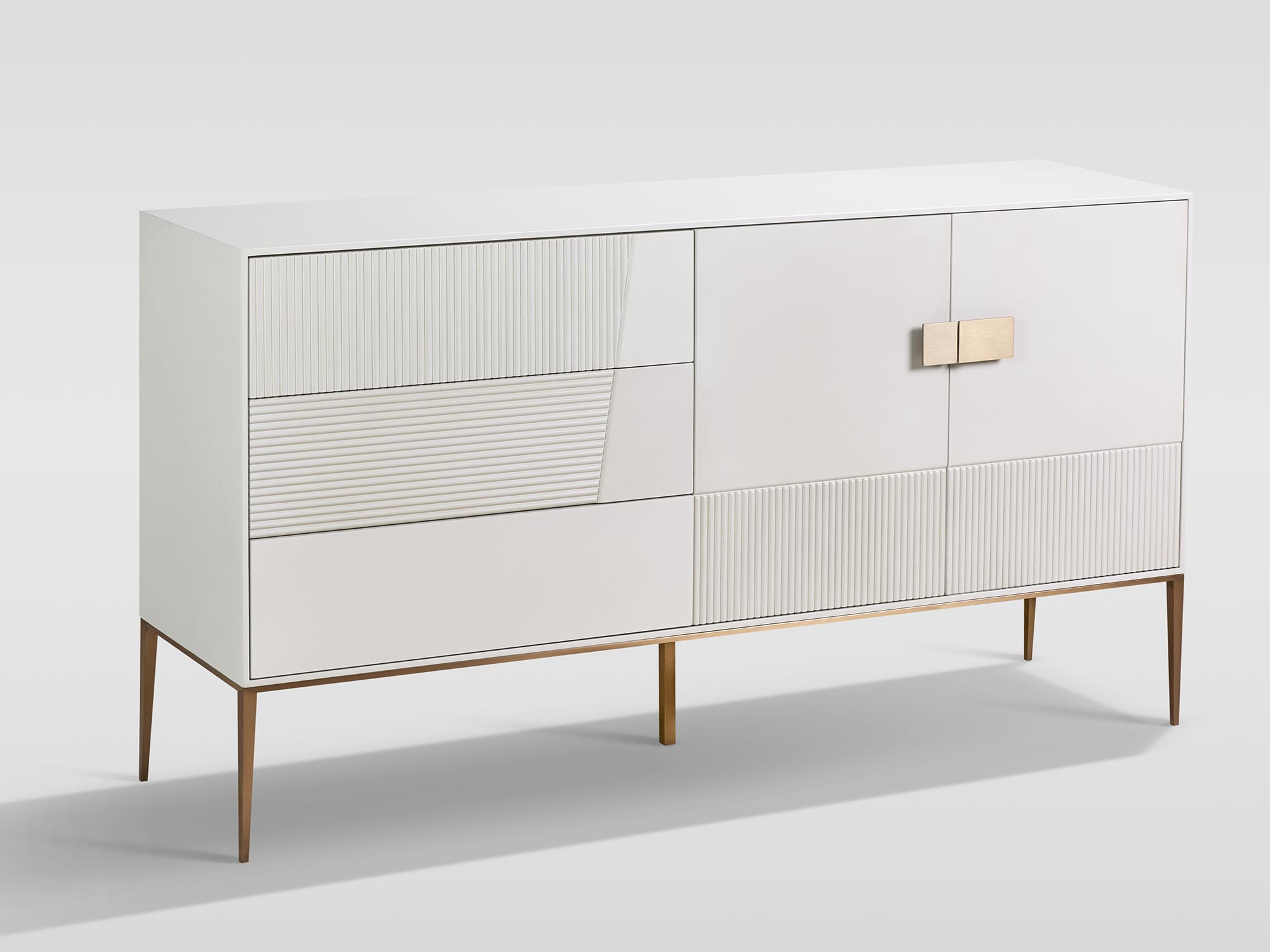 Nowoczesna biała komoda z metalową ramką i dekoracyjnym wzorem