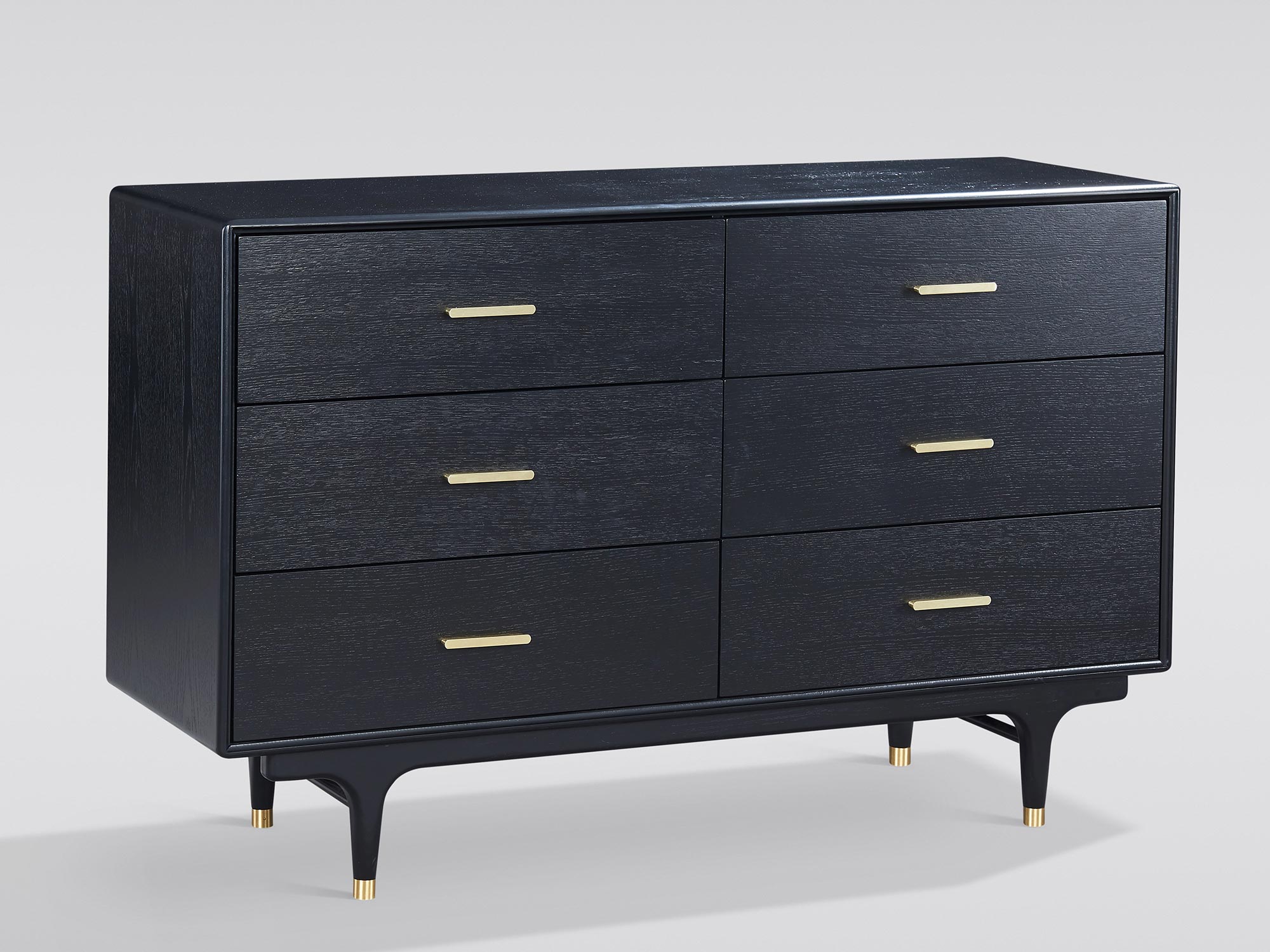 Czarna elegancka komoda z sześcioma szufladami i cienkimi nóżkami w kolorze czarno-złotym