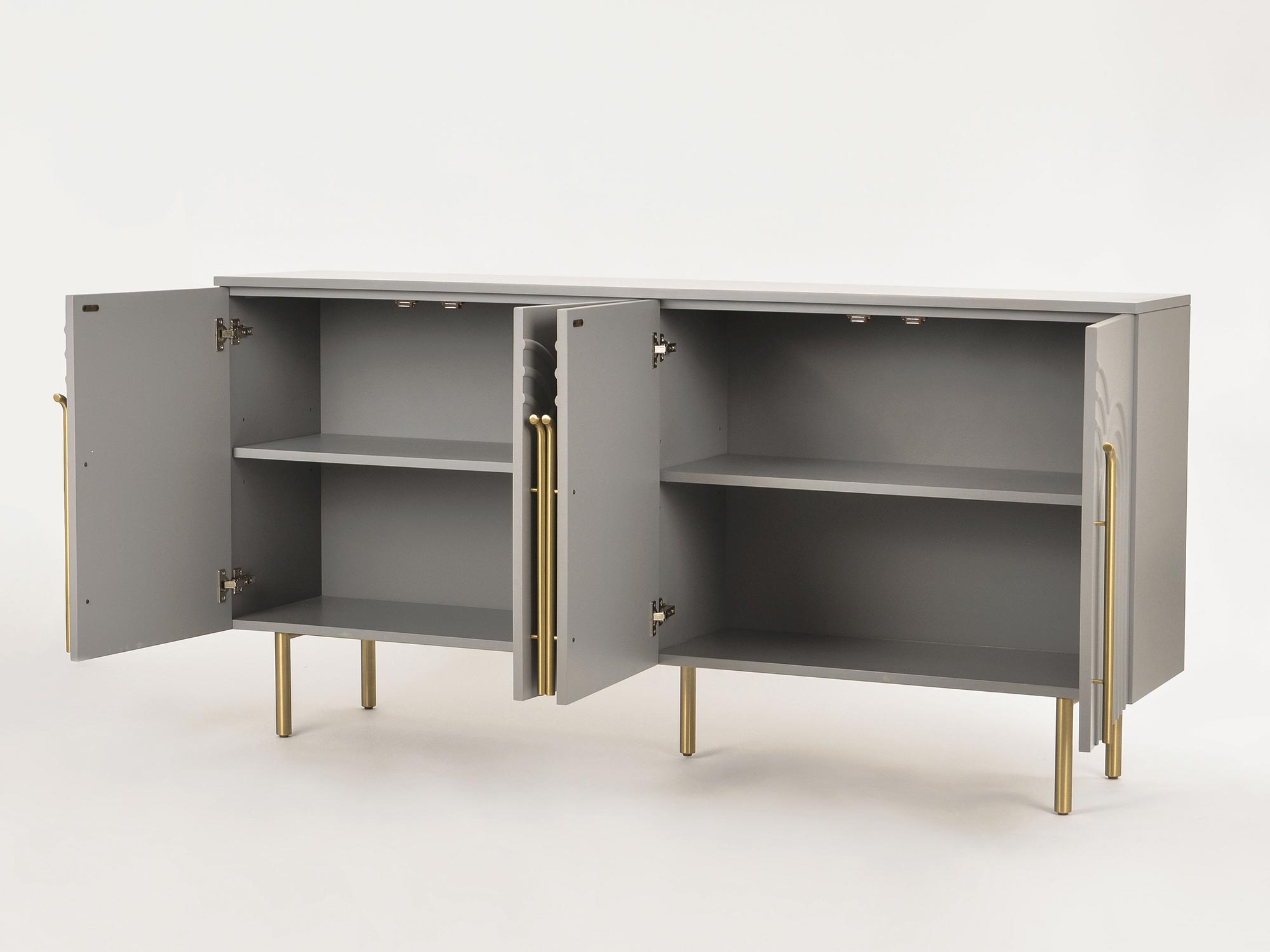 Nowoczesna komoda jasnoszara ze złotymi uchwytami